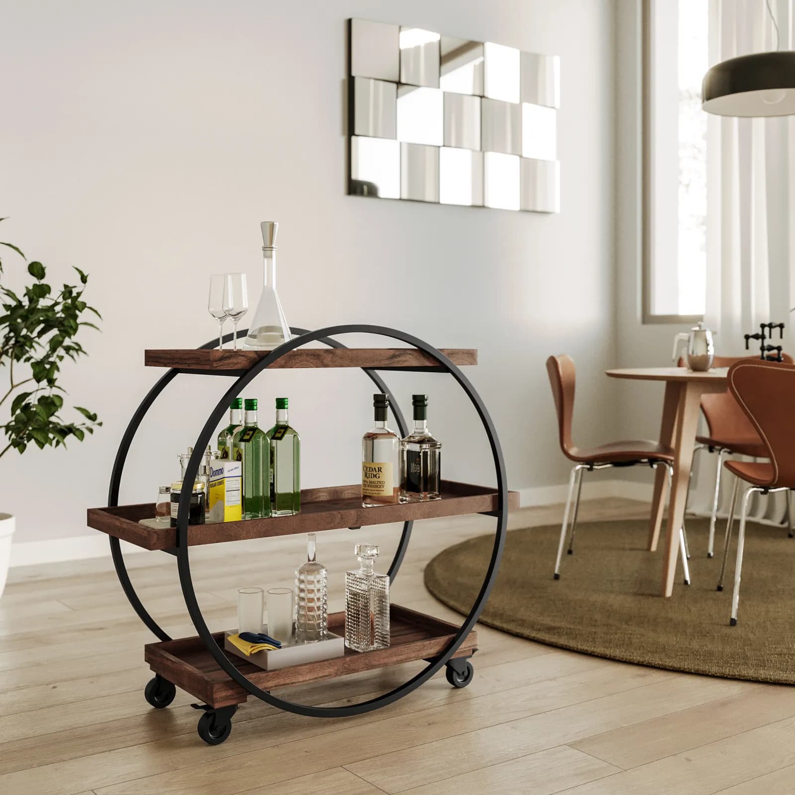 Carrello portabottiglie tondo 100x90h cm con 3 ripiani in legno - Freia Acacia