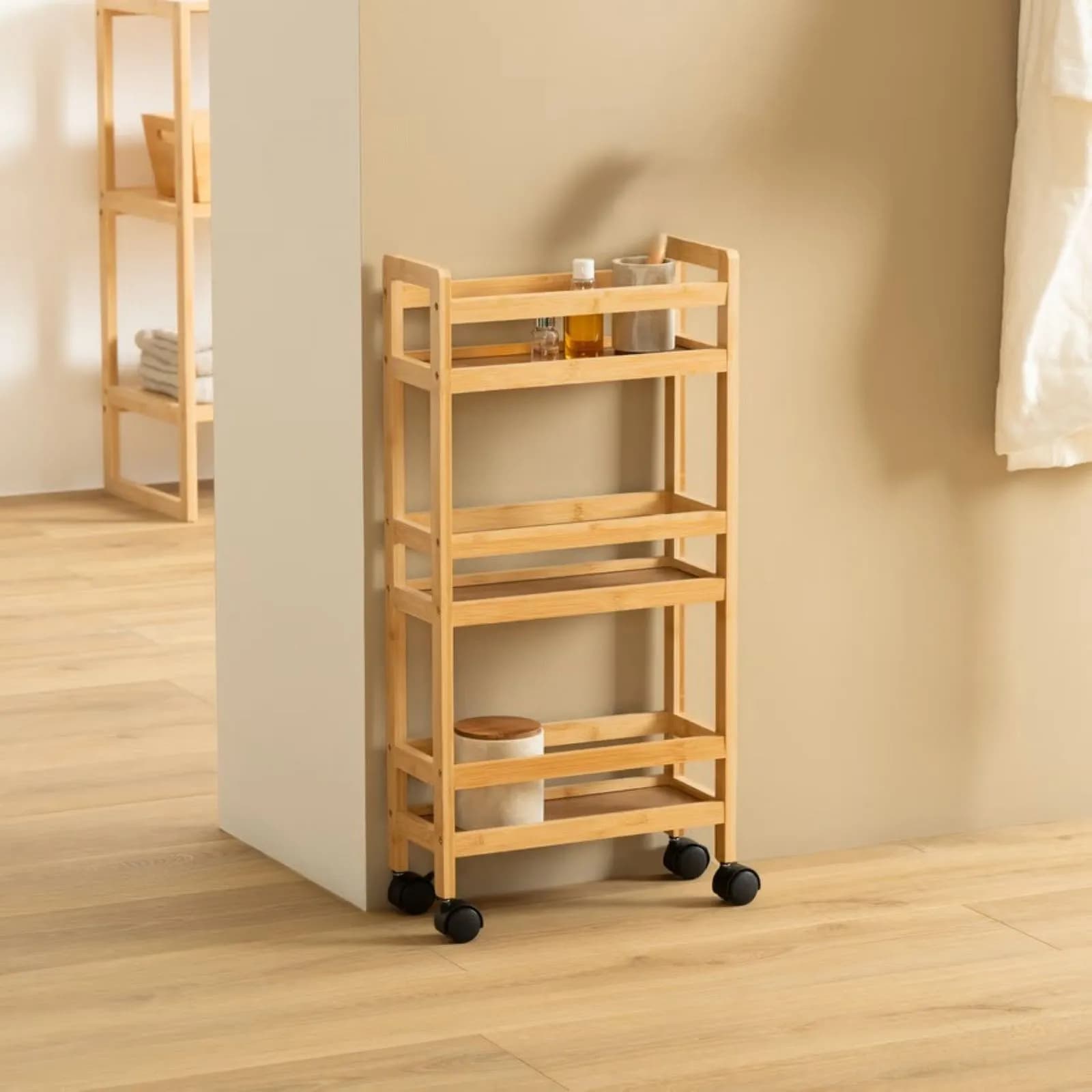 Carrello salvaspazio 75h cm in bambù naturale con 3 ripiani