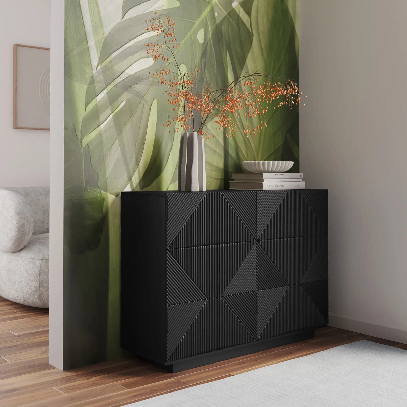 Cassettiera 115x85h cm con 6 cassetti soft close nero opaco cannettato - Ayla