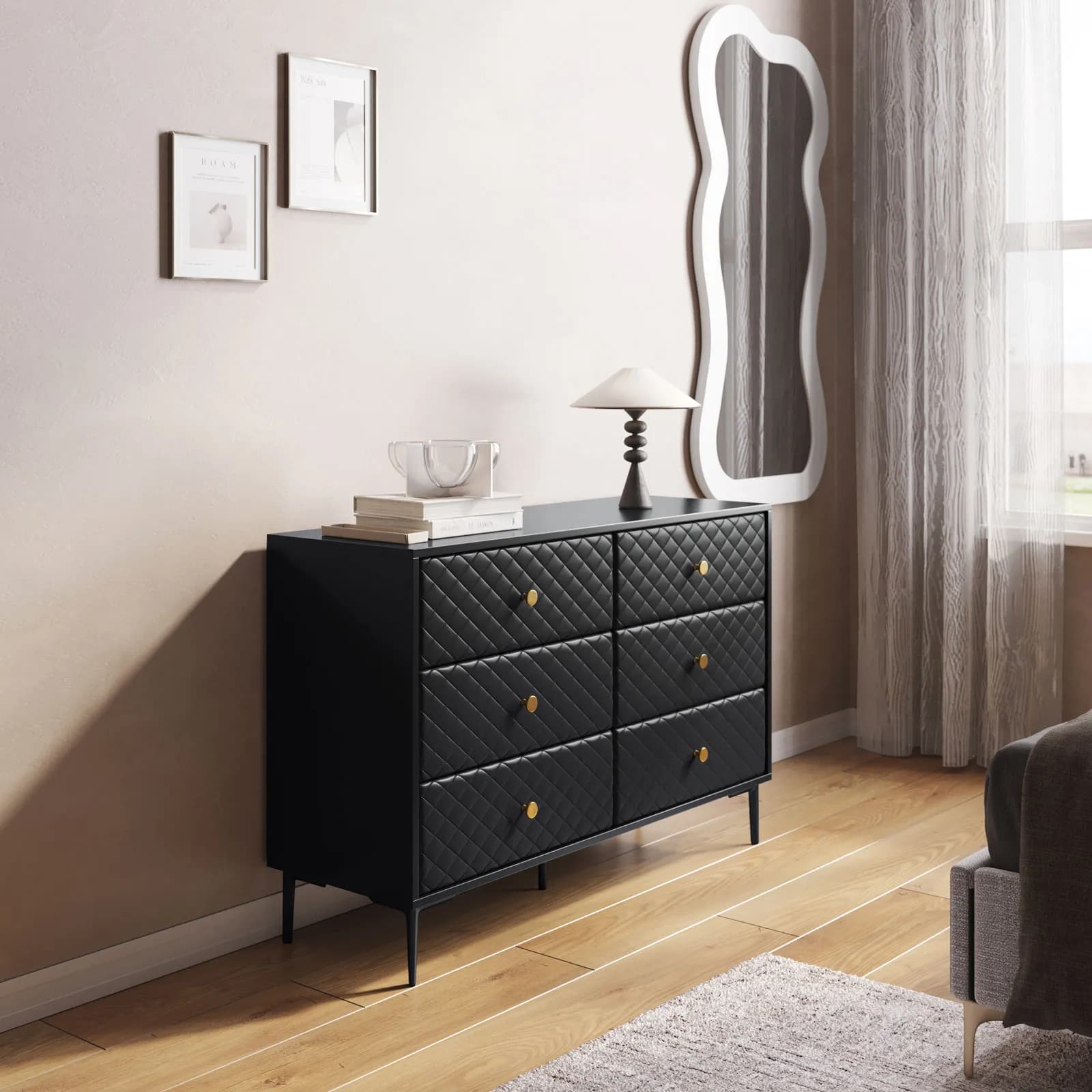 Cassettiera 120x80h cm nero opaco e similpelle con 6 cassetti - Zimma
