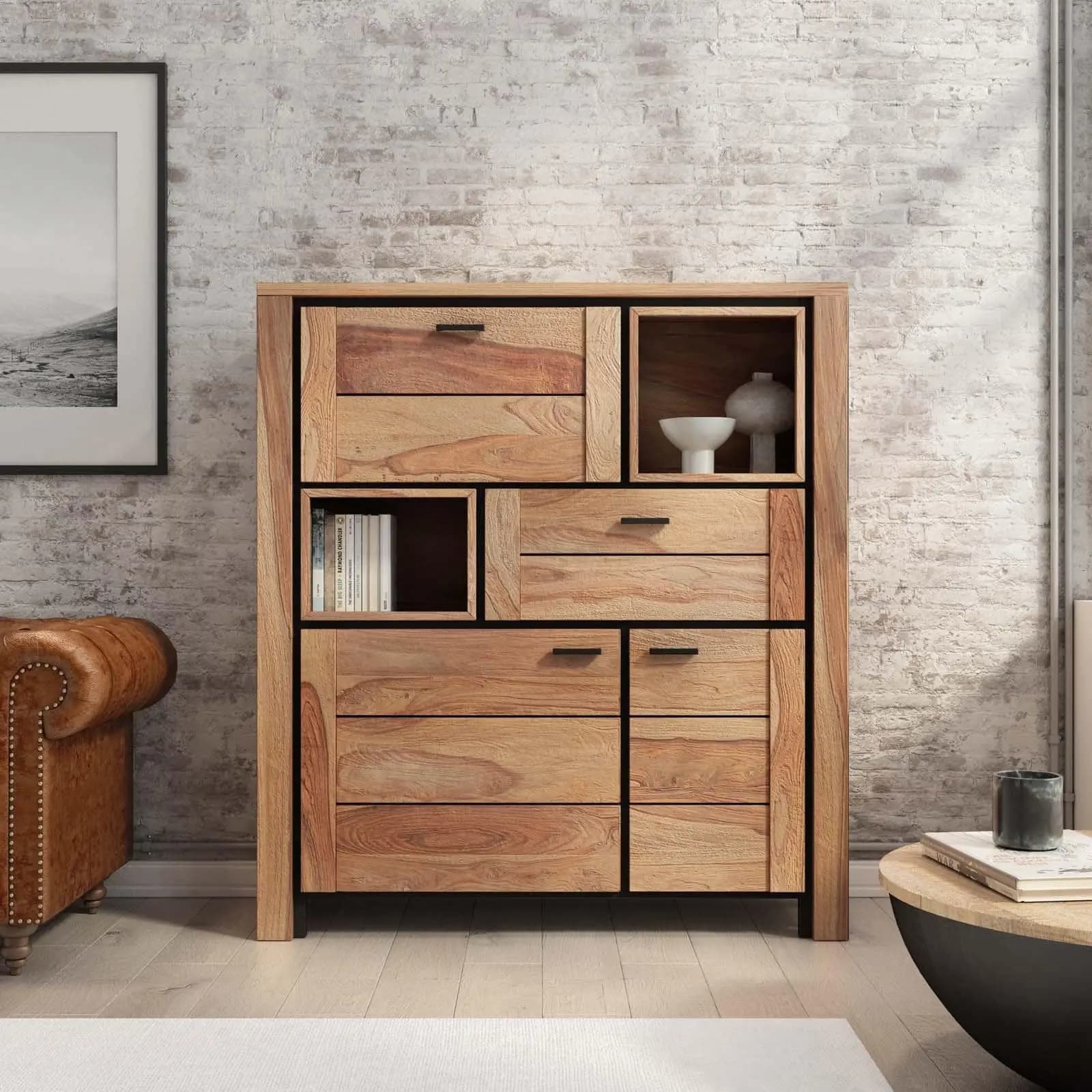 Credenza 135x150h cm in legno di acacia e metallo - Freia Acacia