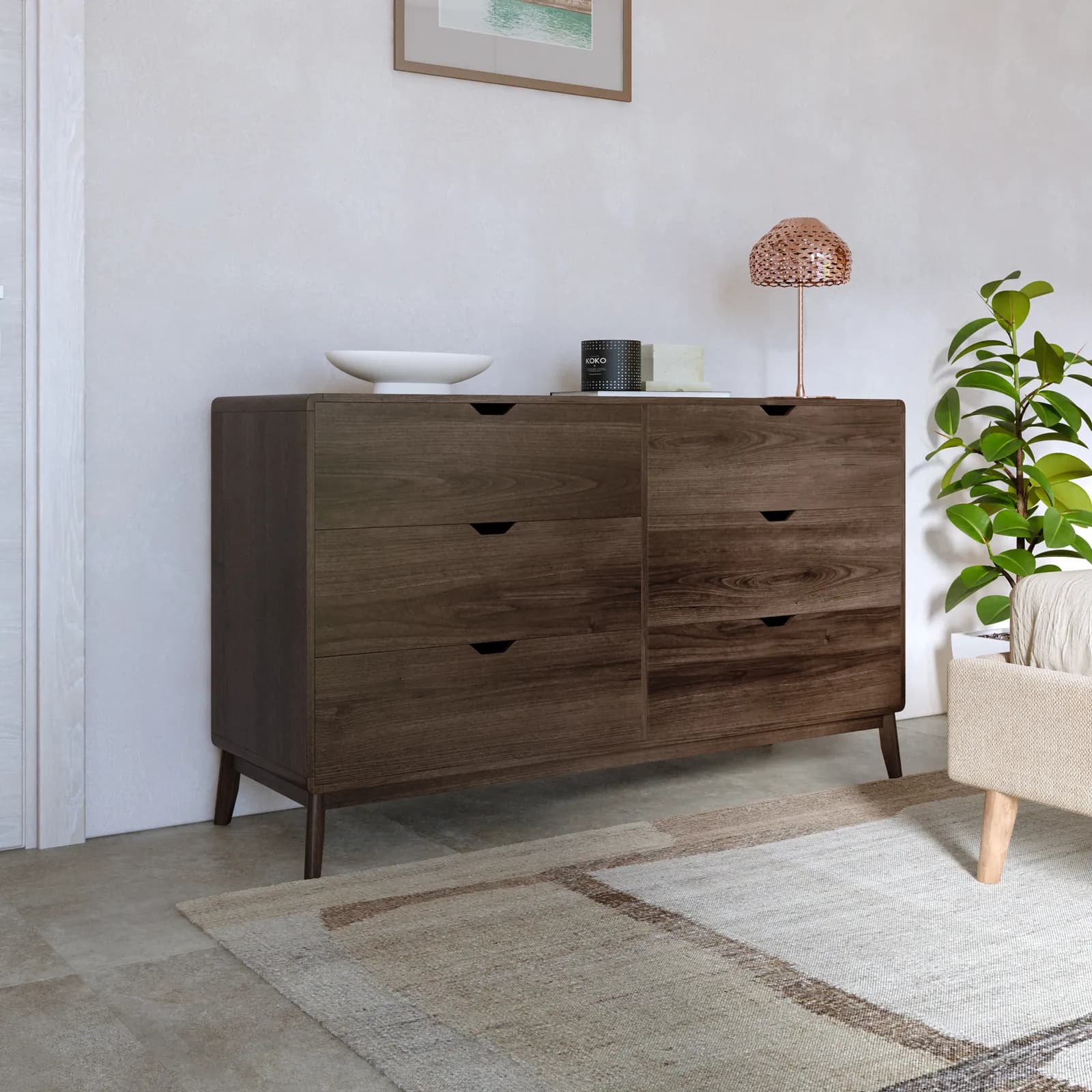Cassettiera 140x82h cm in legno rovere kover con 6 cassetti - Ember