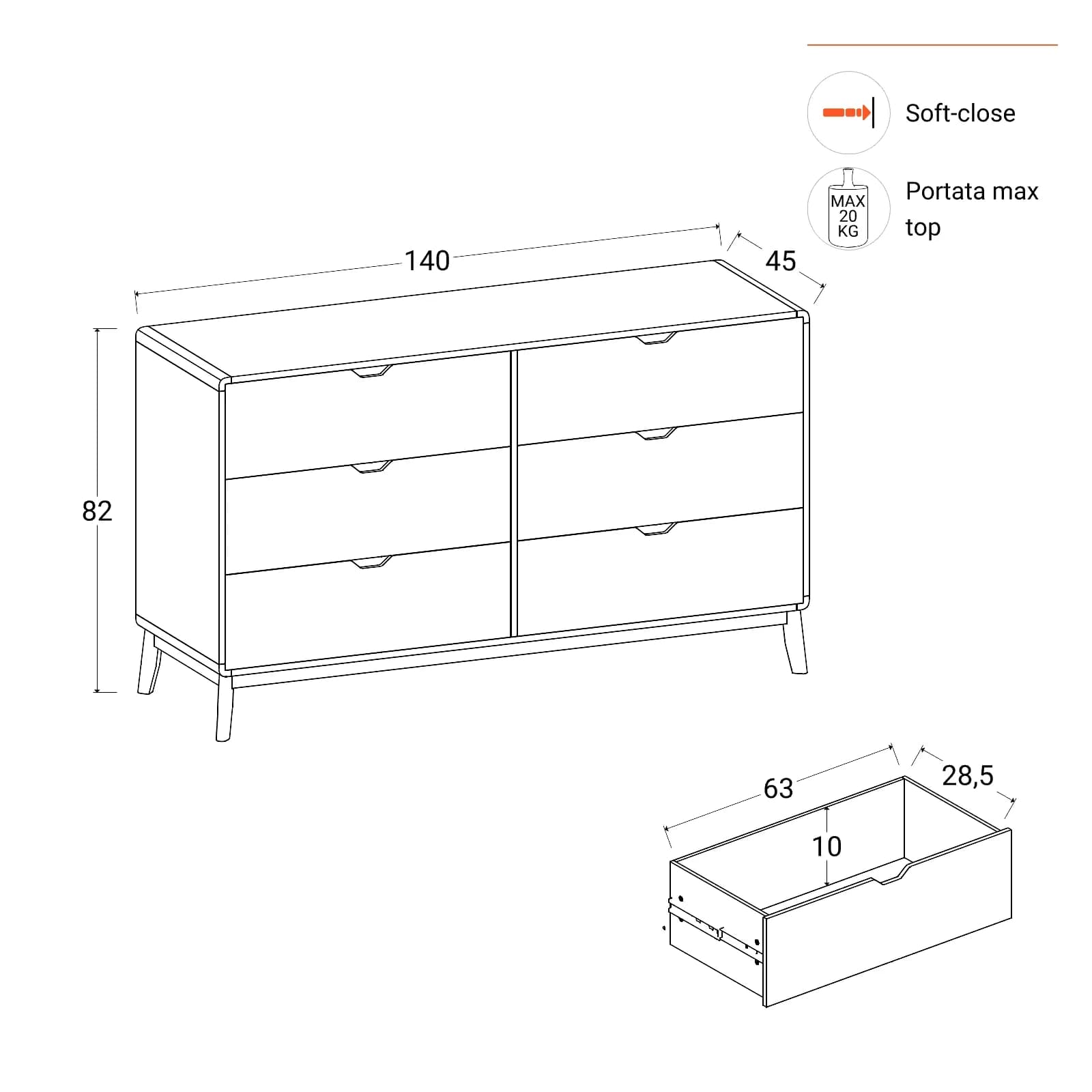 Cassettiera 140x82h cm in legno rovere kover con 6 cassetti - Ember