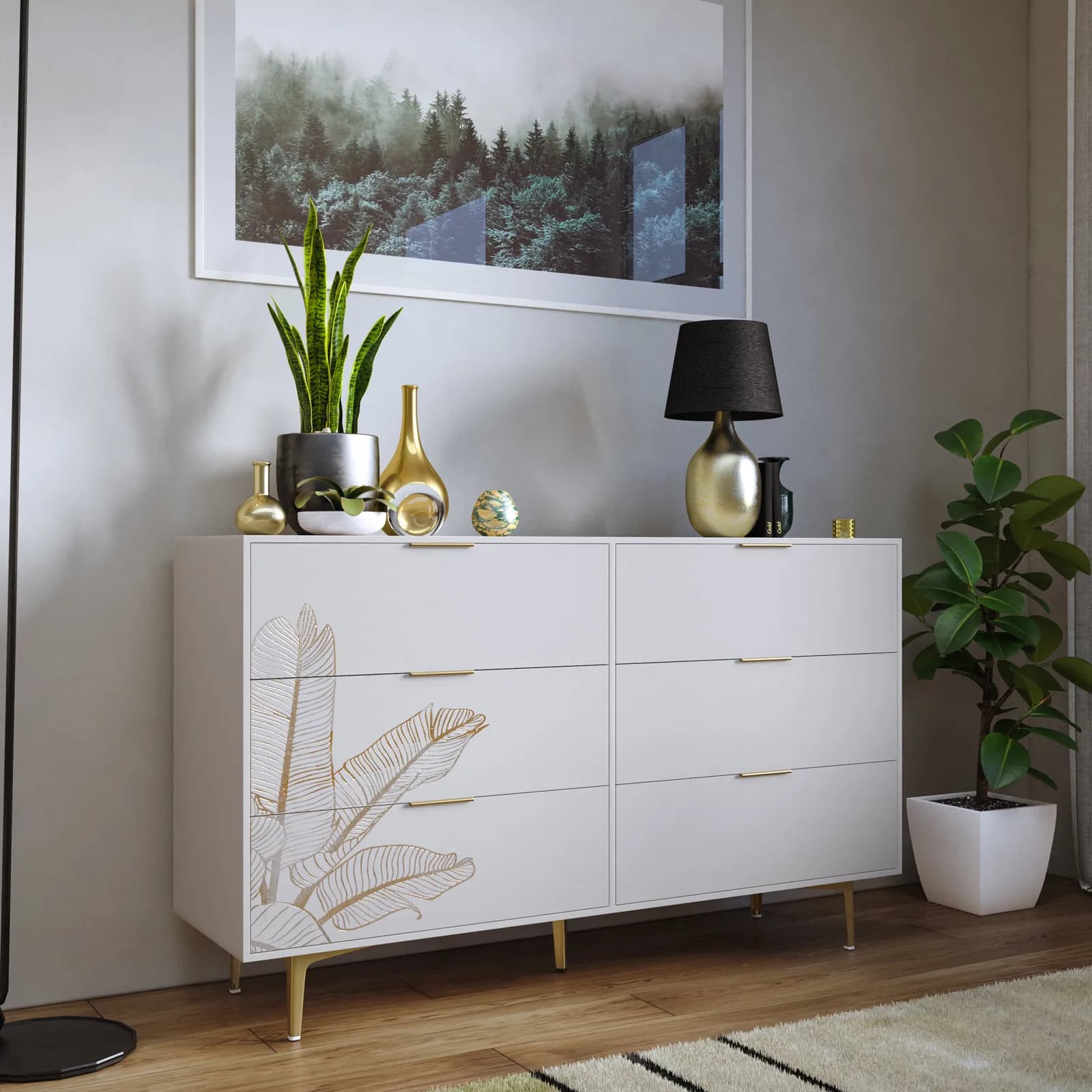 Cassettiera 140x84h cm cashmere con 6 cassetti soft close decorati e piedi in metallo oro opaco - Rosalind