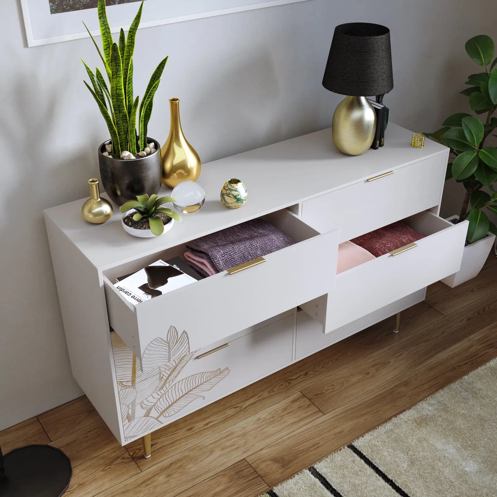 Cassettiera 140x84h cm cashmere con 6 cassetti soft close decorati e piedi in metallo oro opaco - Rosalind