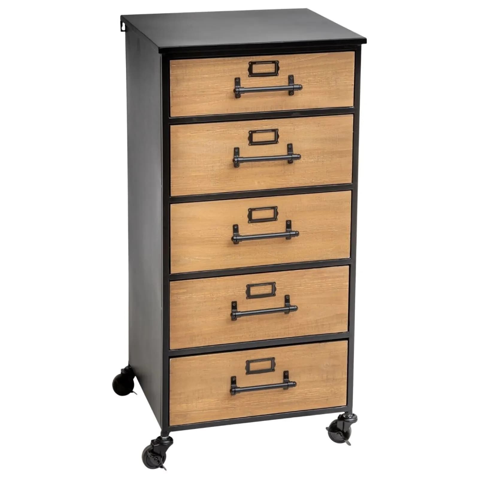 Cassettiera 42x87h cm in metallo nero con 5 cassetti in legno naturale - Manon