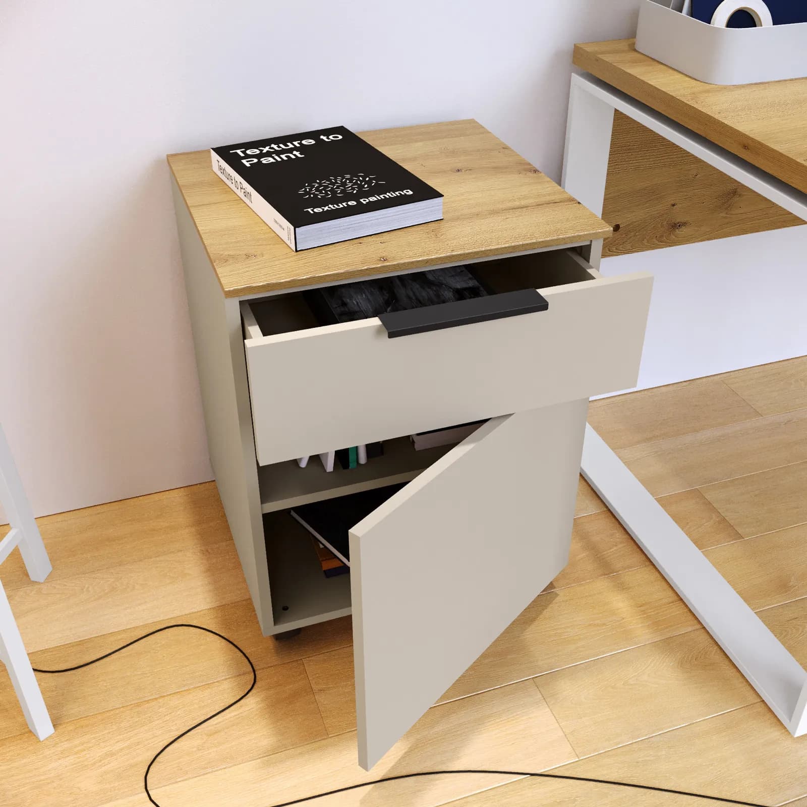 Cassettiera 45x64h cm top rovere artisa con 1 cassetto e 1 anta cashmere opaco - Pavel