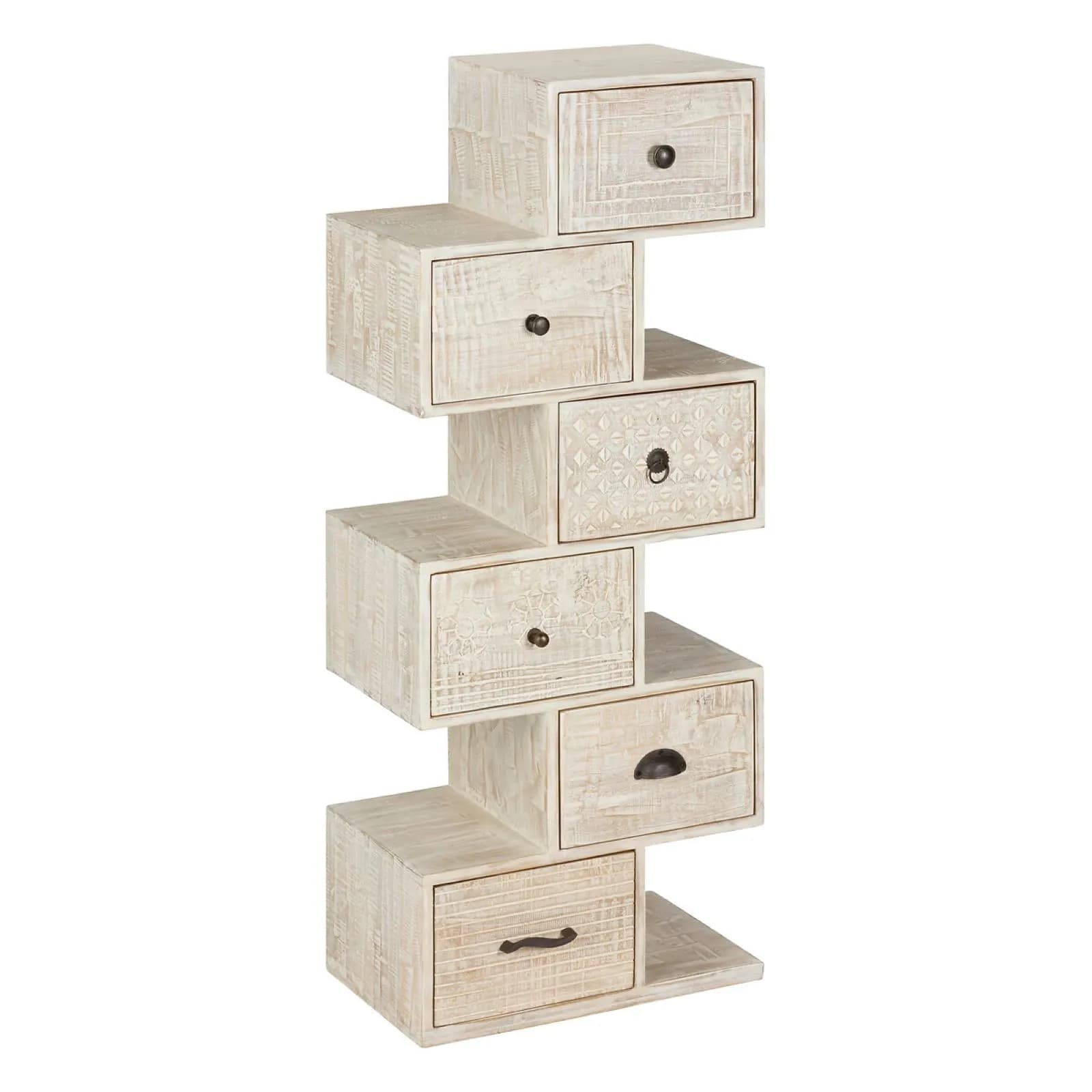 Cassettiera 50x123h cm in legno di mango bianco con 6 cassetti intagliati a mano - Osaka
