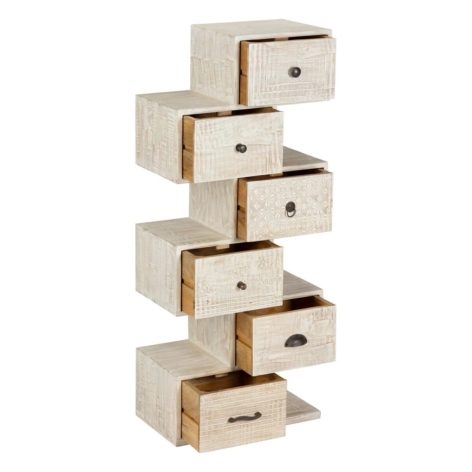 Cassettiera 50x123h cm in legno di mango bianco con 6 cassetti intagliati a mano - Osaka