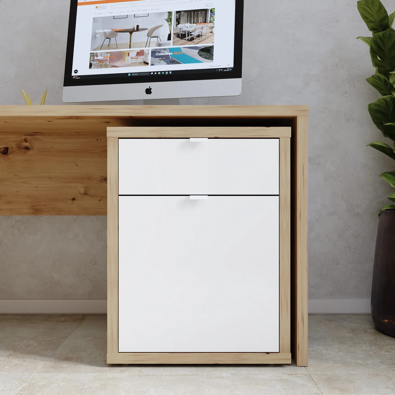 Cassettiera 55x65h rovere artisan con 1 anta e 1 cassetto bianco lucido - Neos