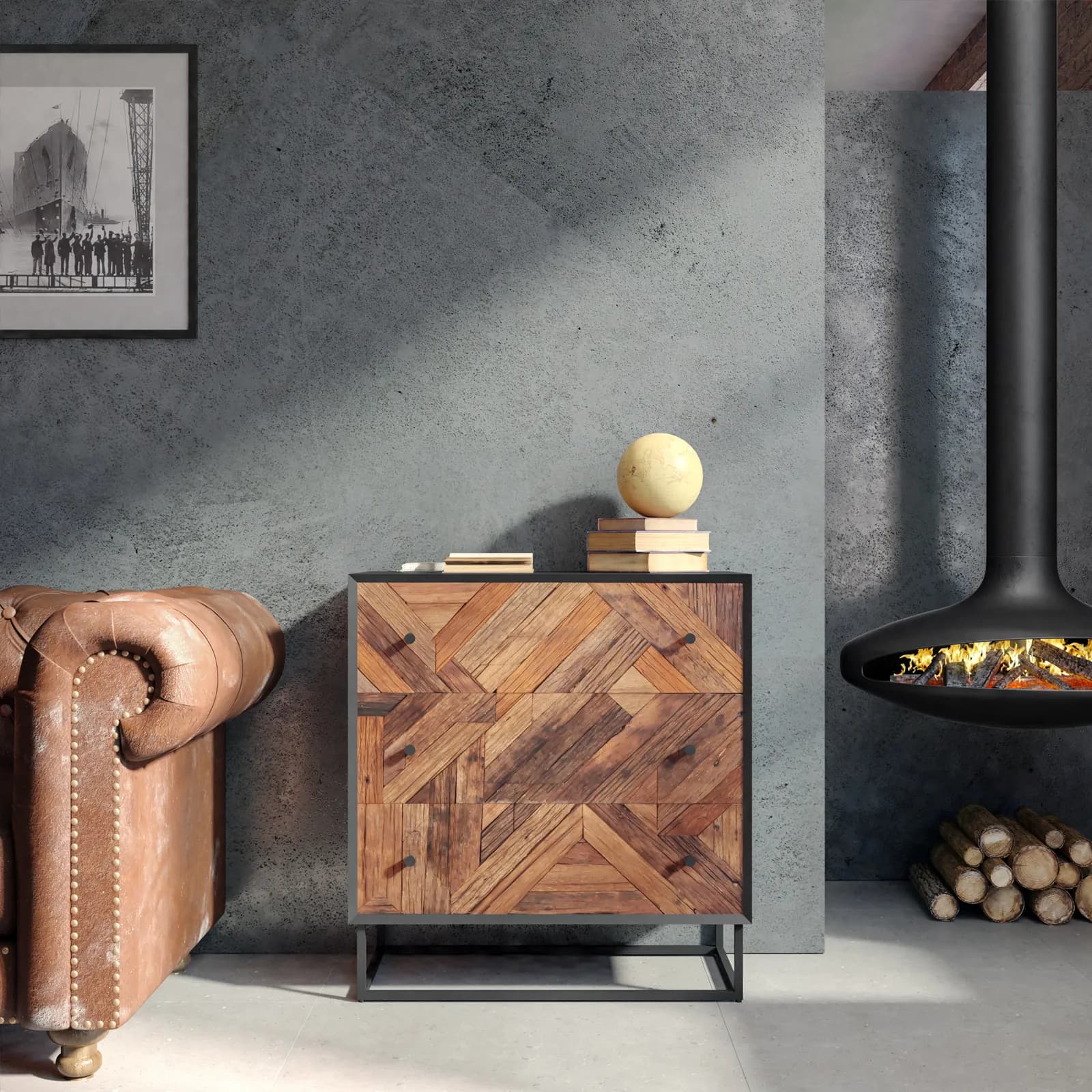 Cassettiera 75x80h cm in legno naturale effetto invecchiato e metallo nero - Desindos