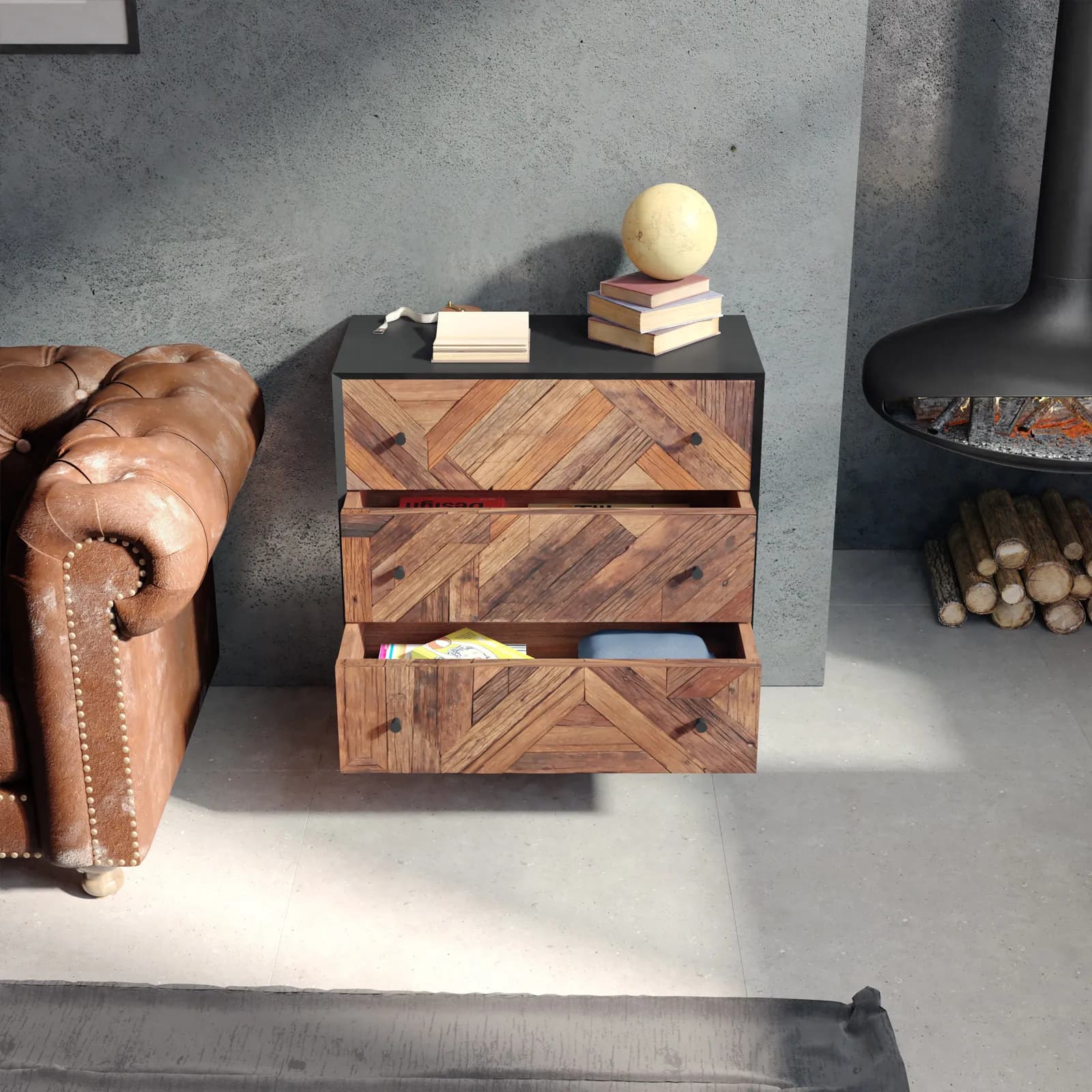 Cassettiera 75x80h cm in legno naturale effetto invecchiato e metallo nero - Desindos