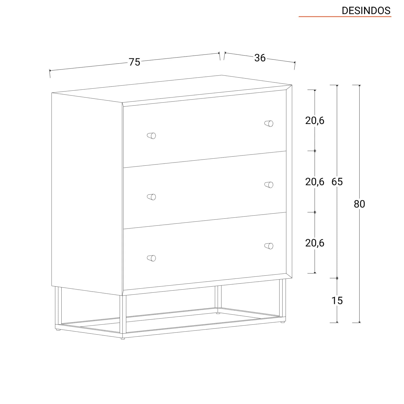 Cassettiera 75x80h cm in legno naturale effetto invecchiato e metallo nero - Desindos
