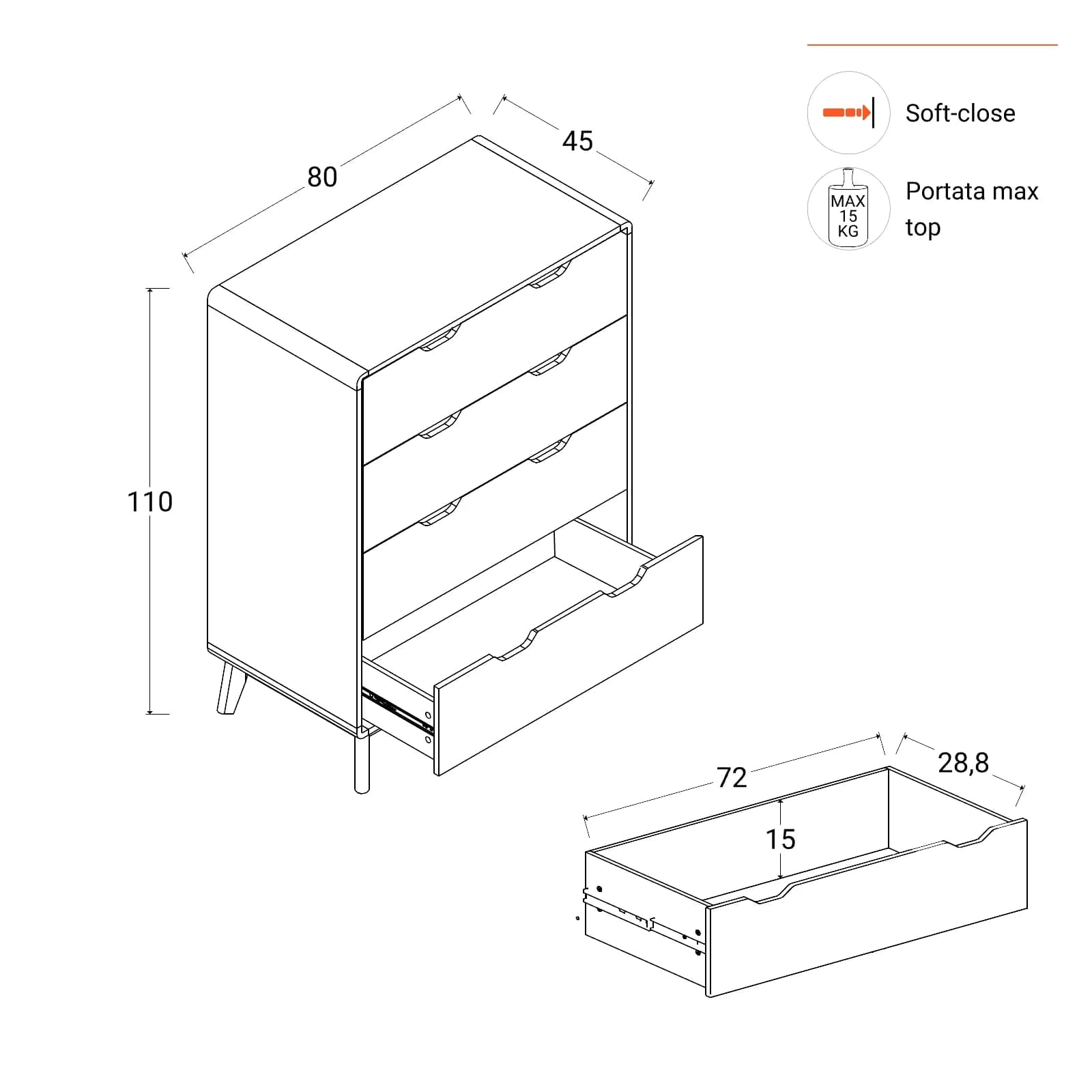 Cassettiera 80x110h cm in legno rovere kover con 4 cassetti - Ember
