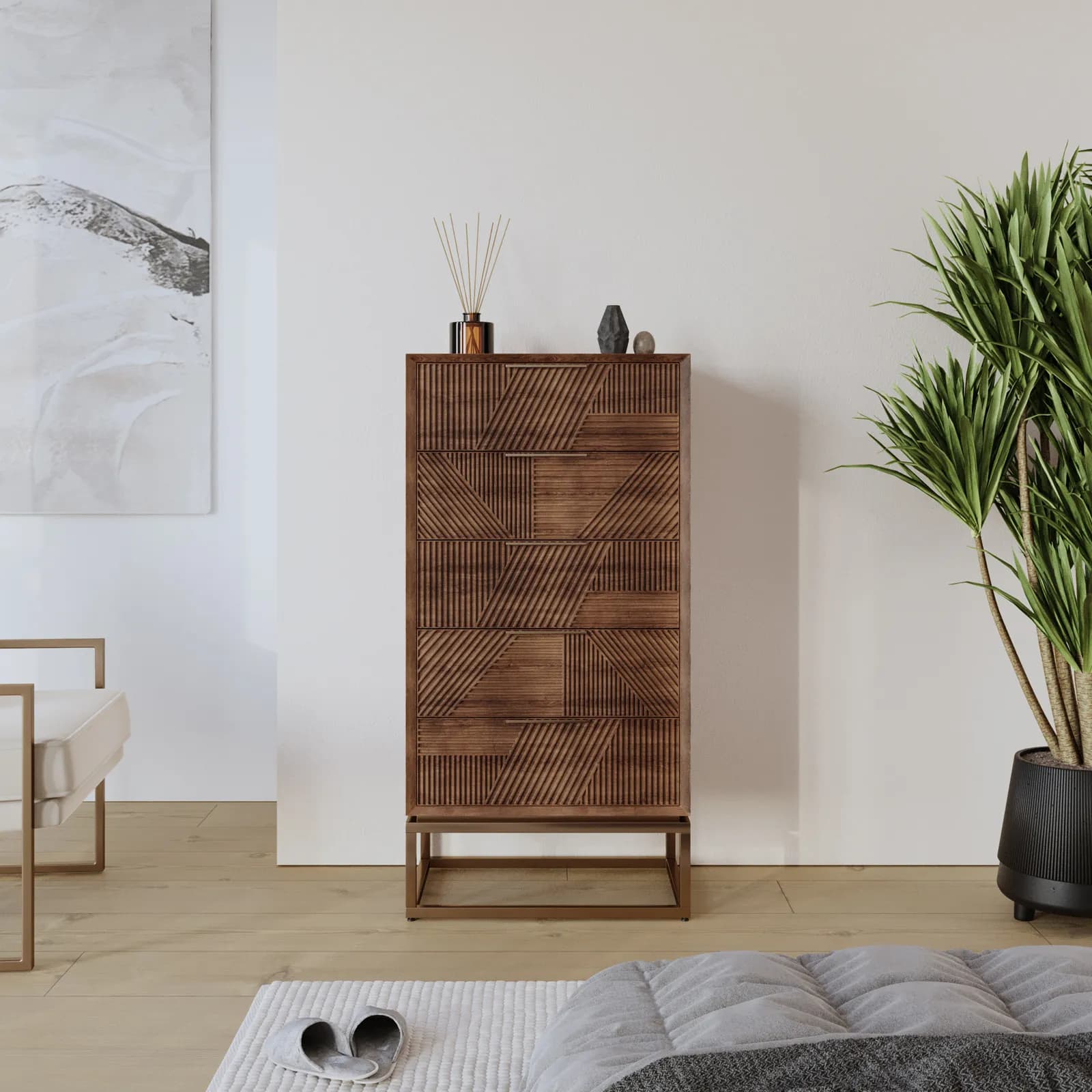 Cassettiera 60x120 cm con 5 cassetti in legno di mango cannettato - Maltese