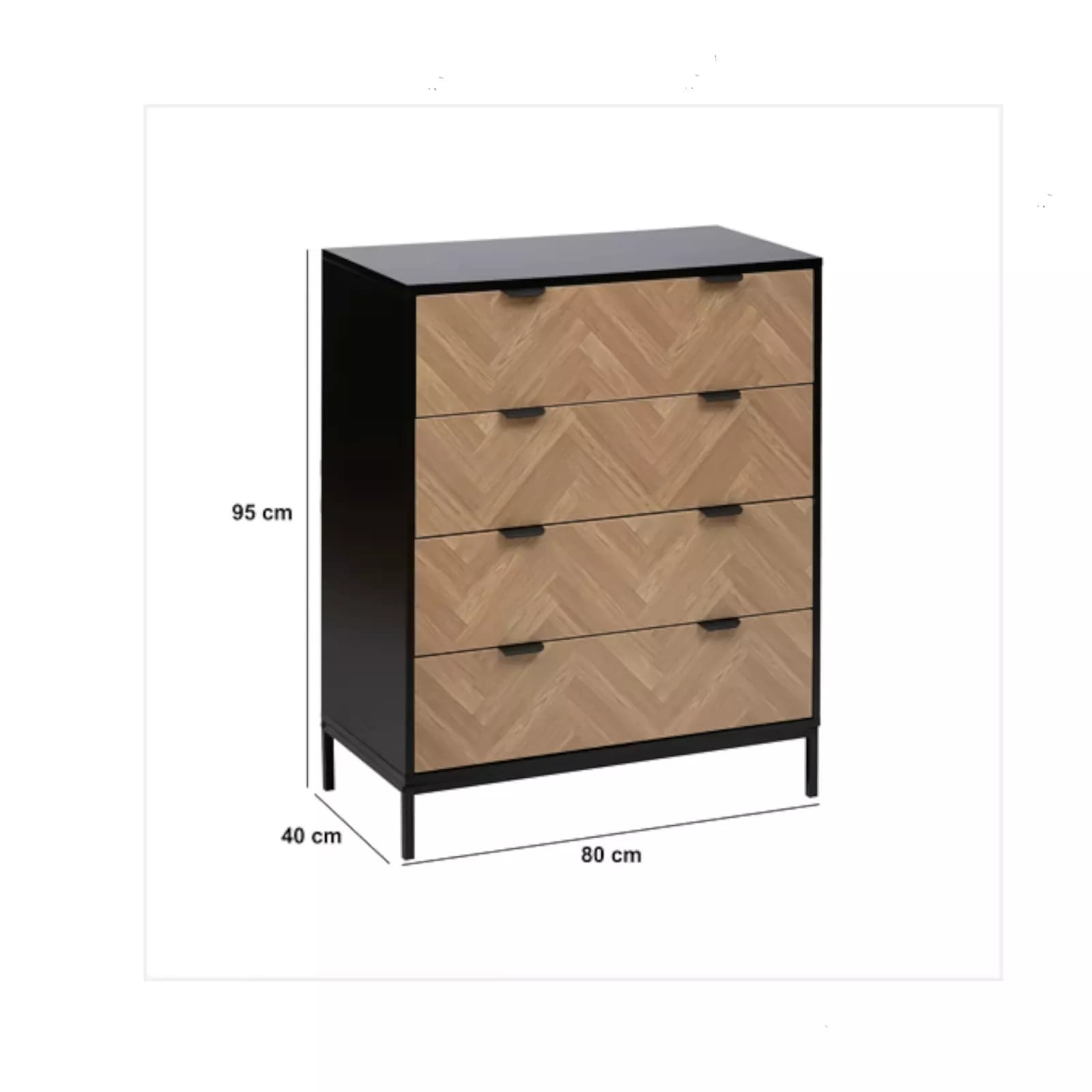 Cassettiera 80x40 cm nero con 4 cassetti effetto parquet - Blacky