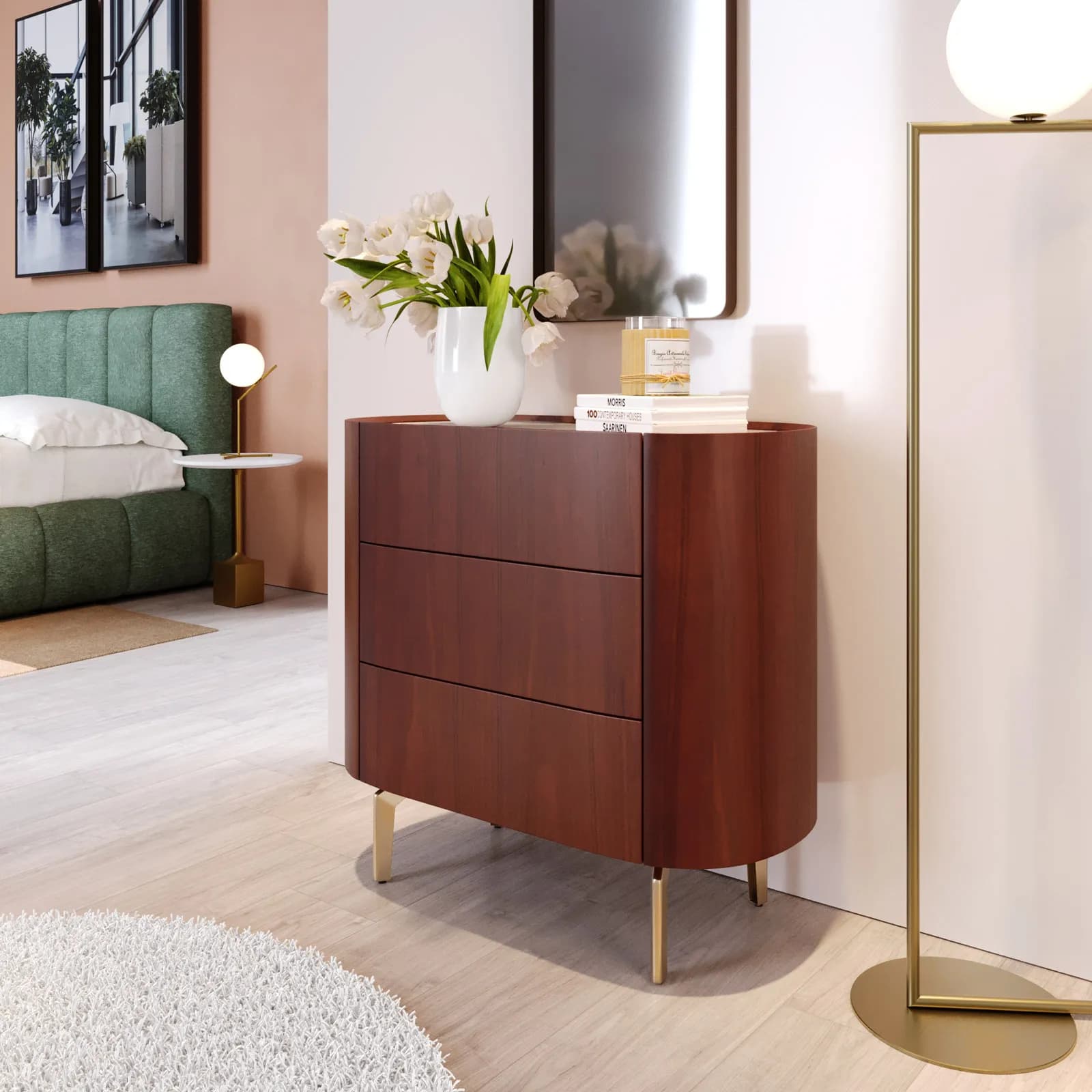 Cassettiera 81x75h cm noce e top in similpelle beige con 3 cassetti e gambe in metallo oro - Keegan