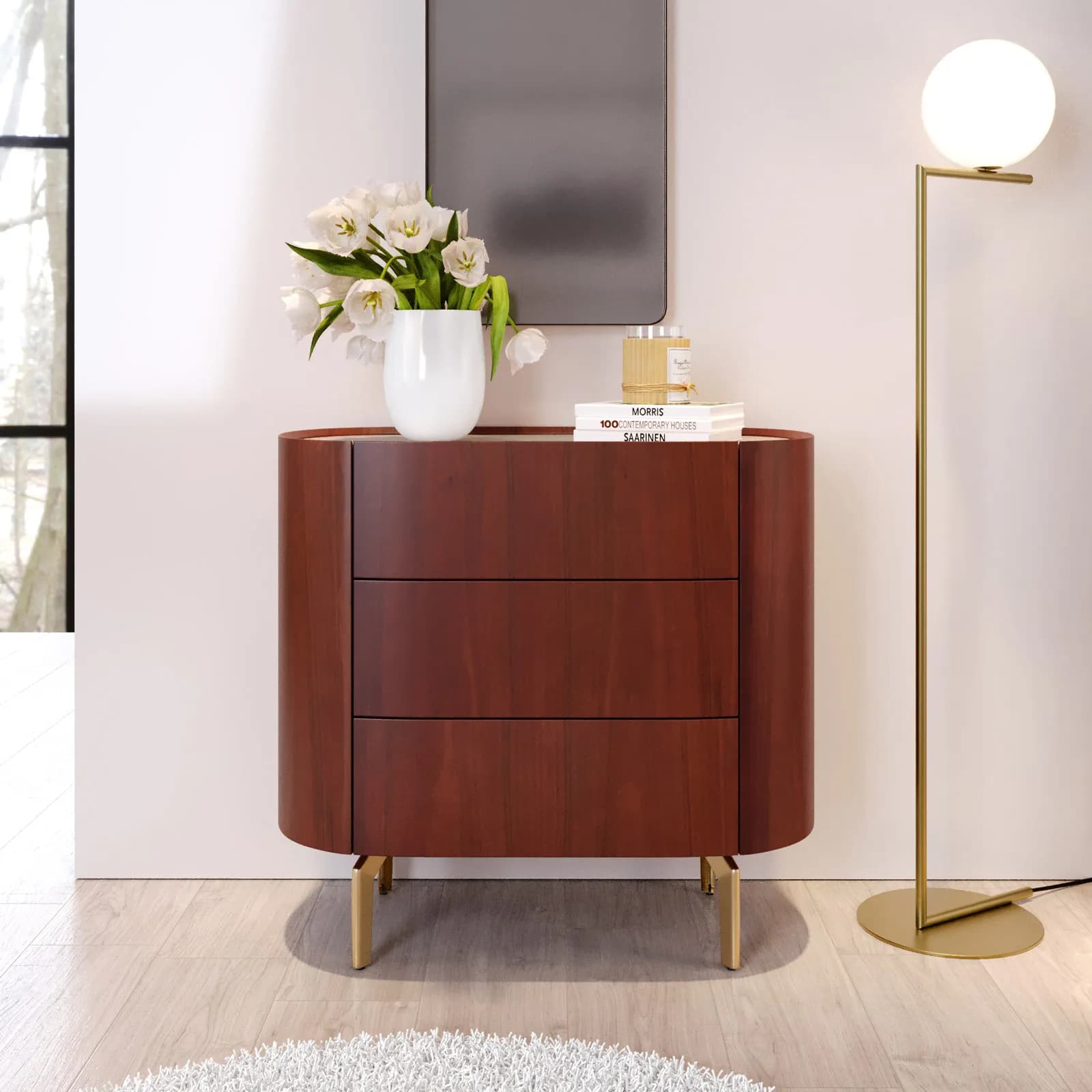 Cassettiera 81x75h cm noce e top in similpelle beige con 3 cassetti e gambe in metallo oro - Keegan