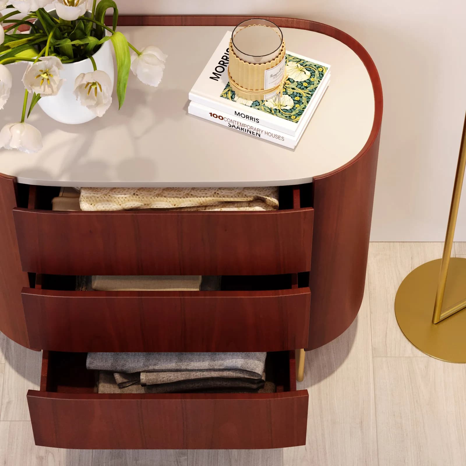Cassettiera 81x75h cm noce e top in similpelle beige con 3 cassetti e gambe in metallo oro - Keegan