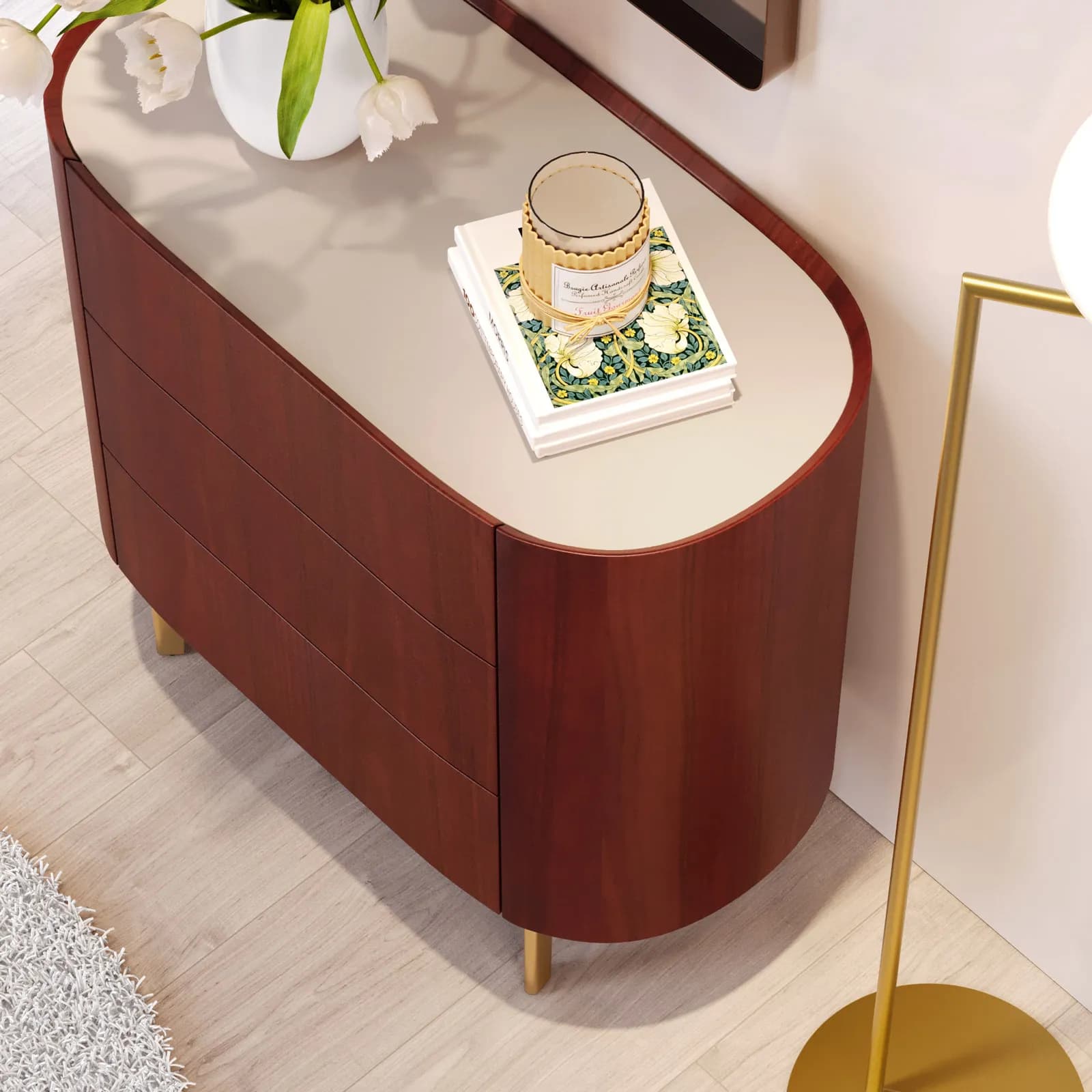 Cassettiera 81x75h cm noce e top in similpelle beige con 3 cassetti e gambe in metallo oro - Keegan
