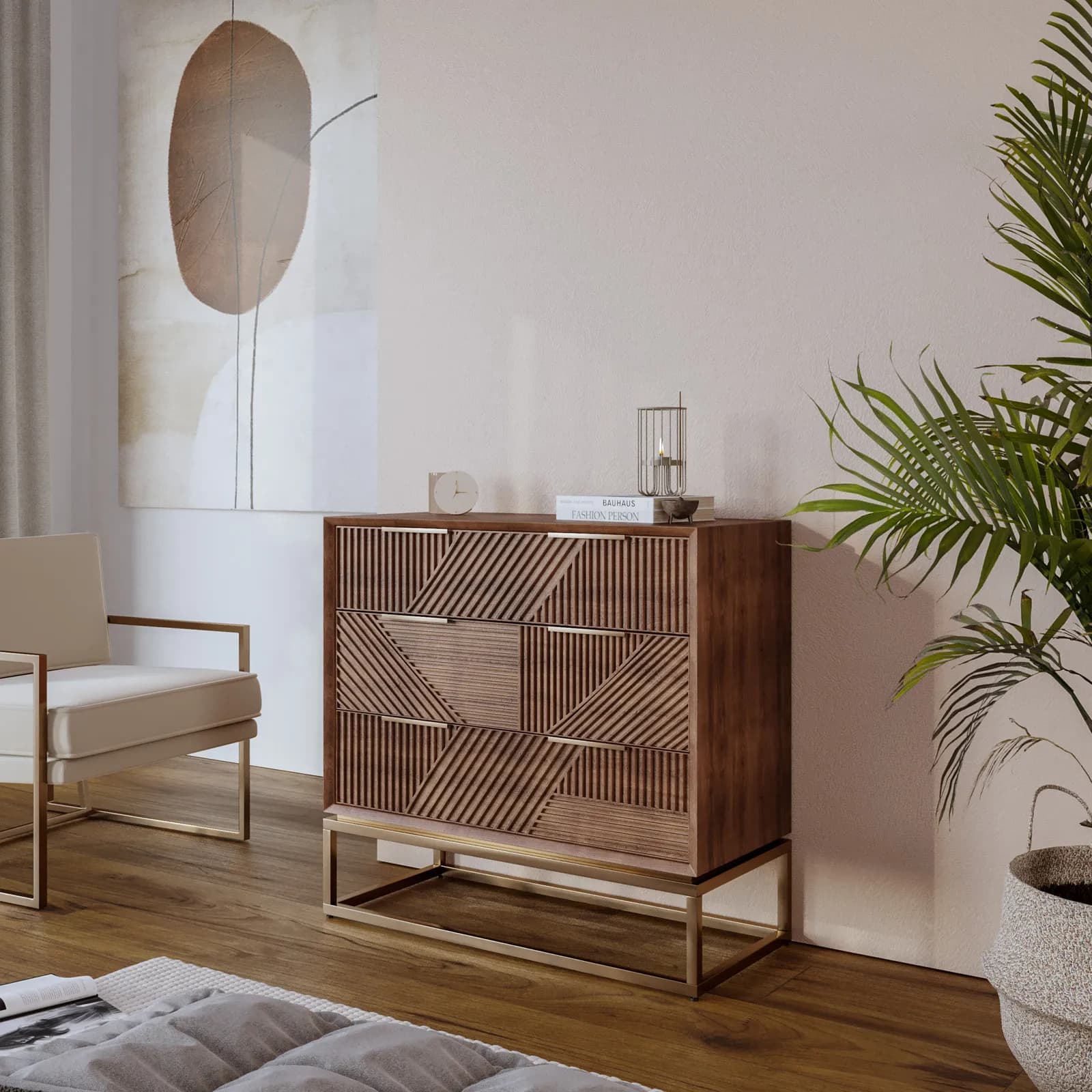 Cassettiera 90x85h cm con 3 cassetti in legno di mango cannettato - Maltese