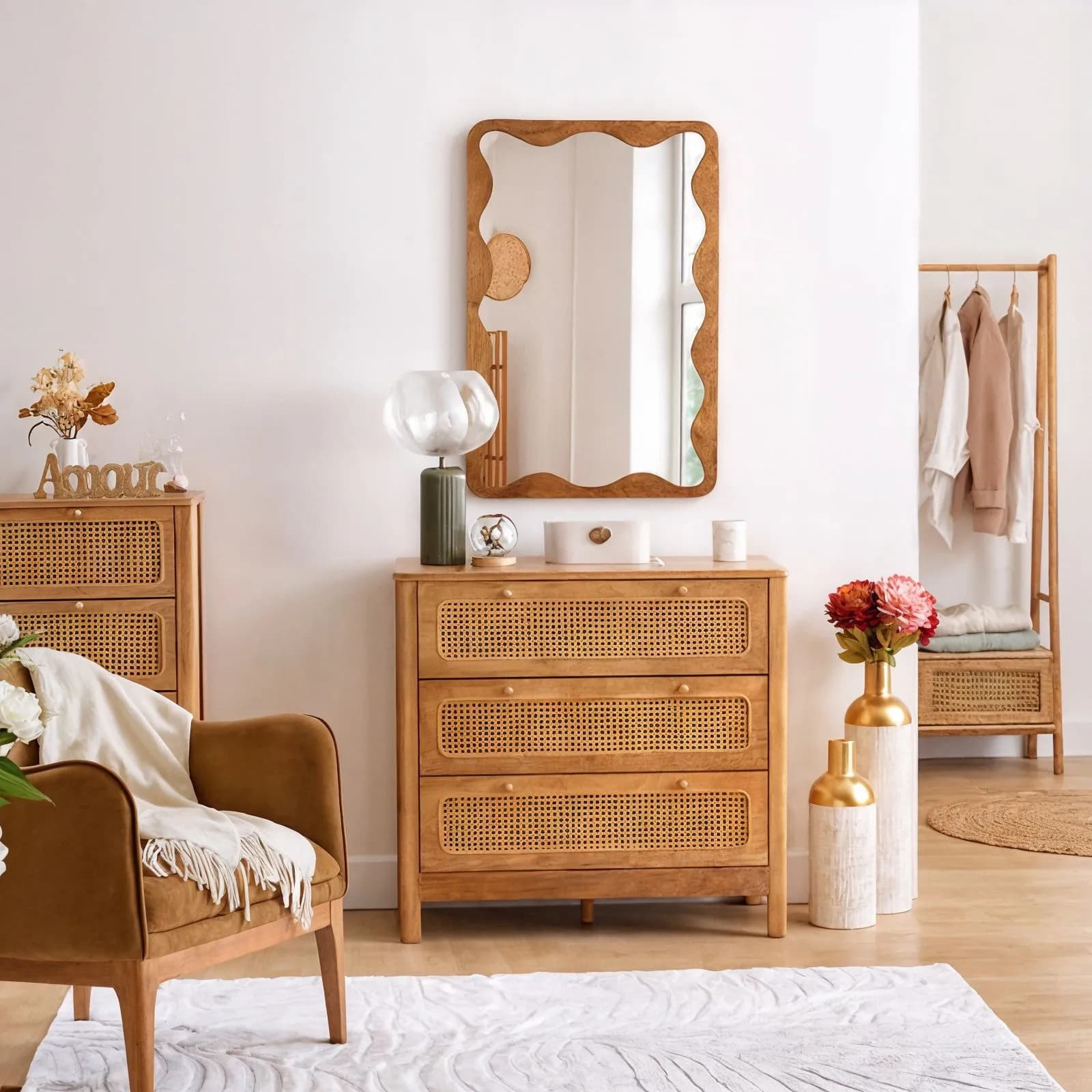 Cassettiera 90x85h cm in legno naturale e paglia di Vienna con 3 cassetti - Toronto