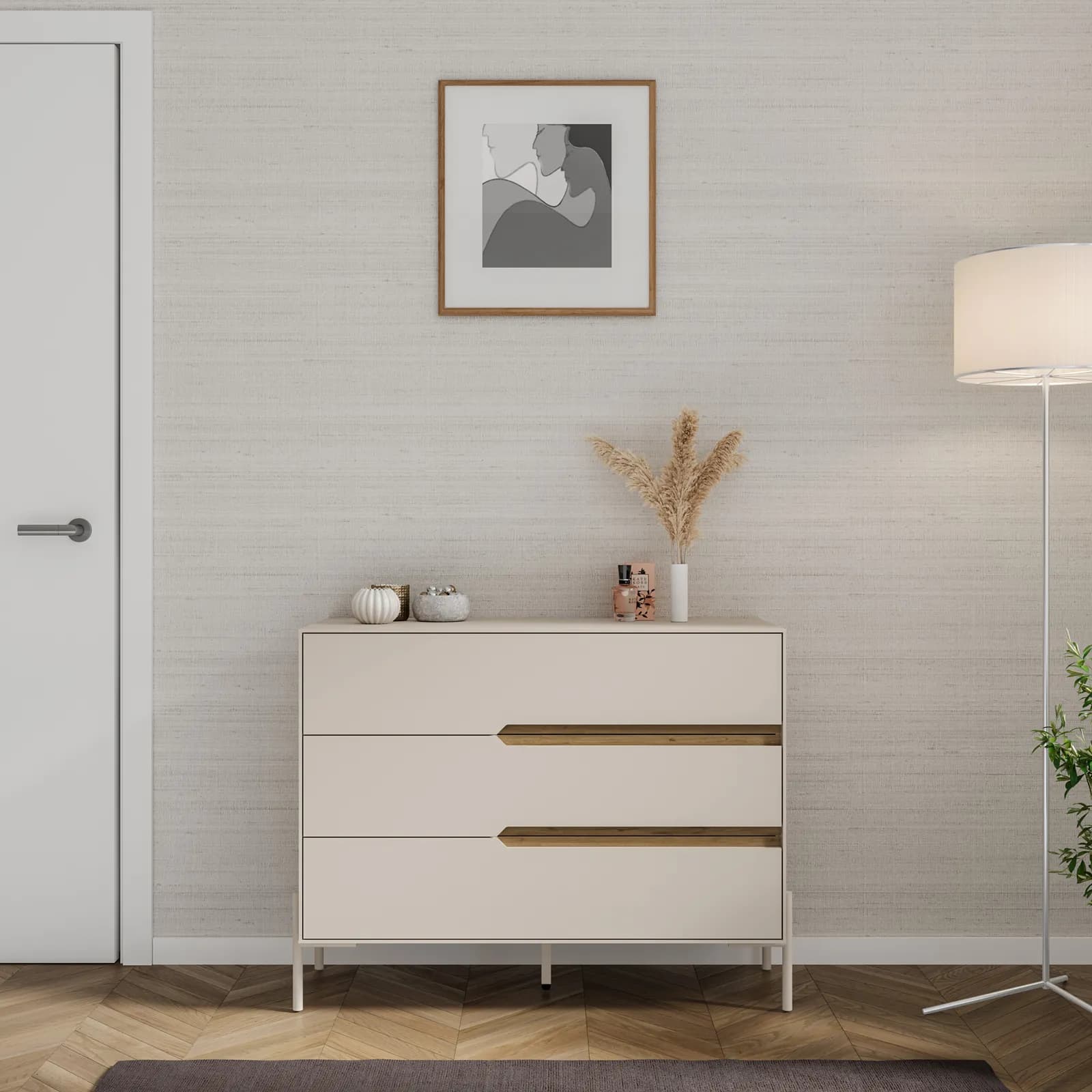 Cassettiera 98x78h cm rovere scuro e cashmere con 3 cassetti - Lygnes