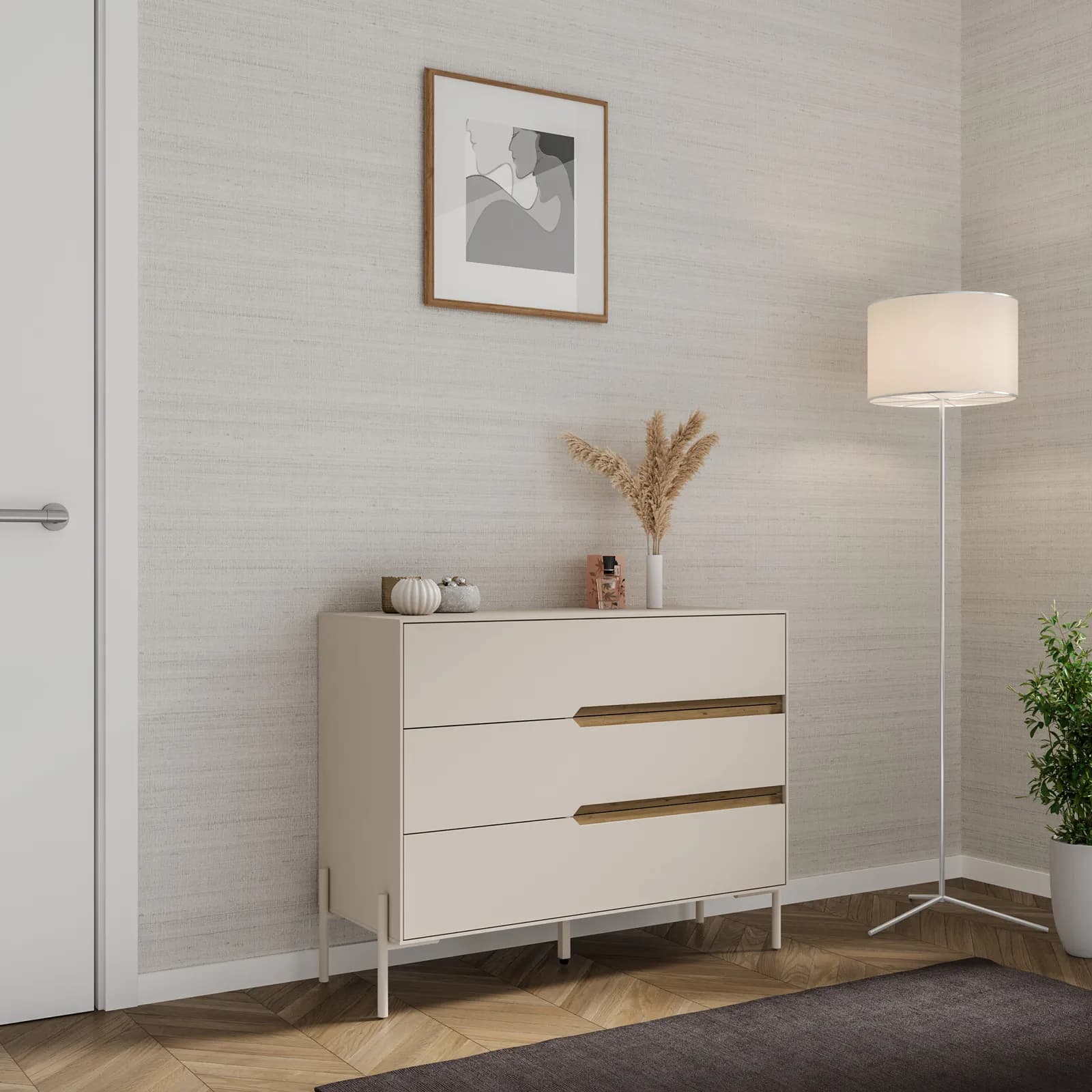 Cassettiera 98x78h cm rovere scuro e cashmere con 3 cassetti - Lygnes