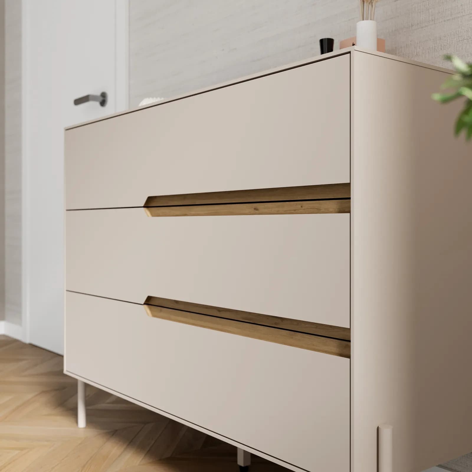 Cassettiera 98x78h cm rovere scuro e cashmere con 3 cassetti - Lygnes