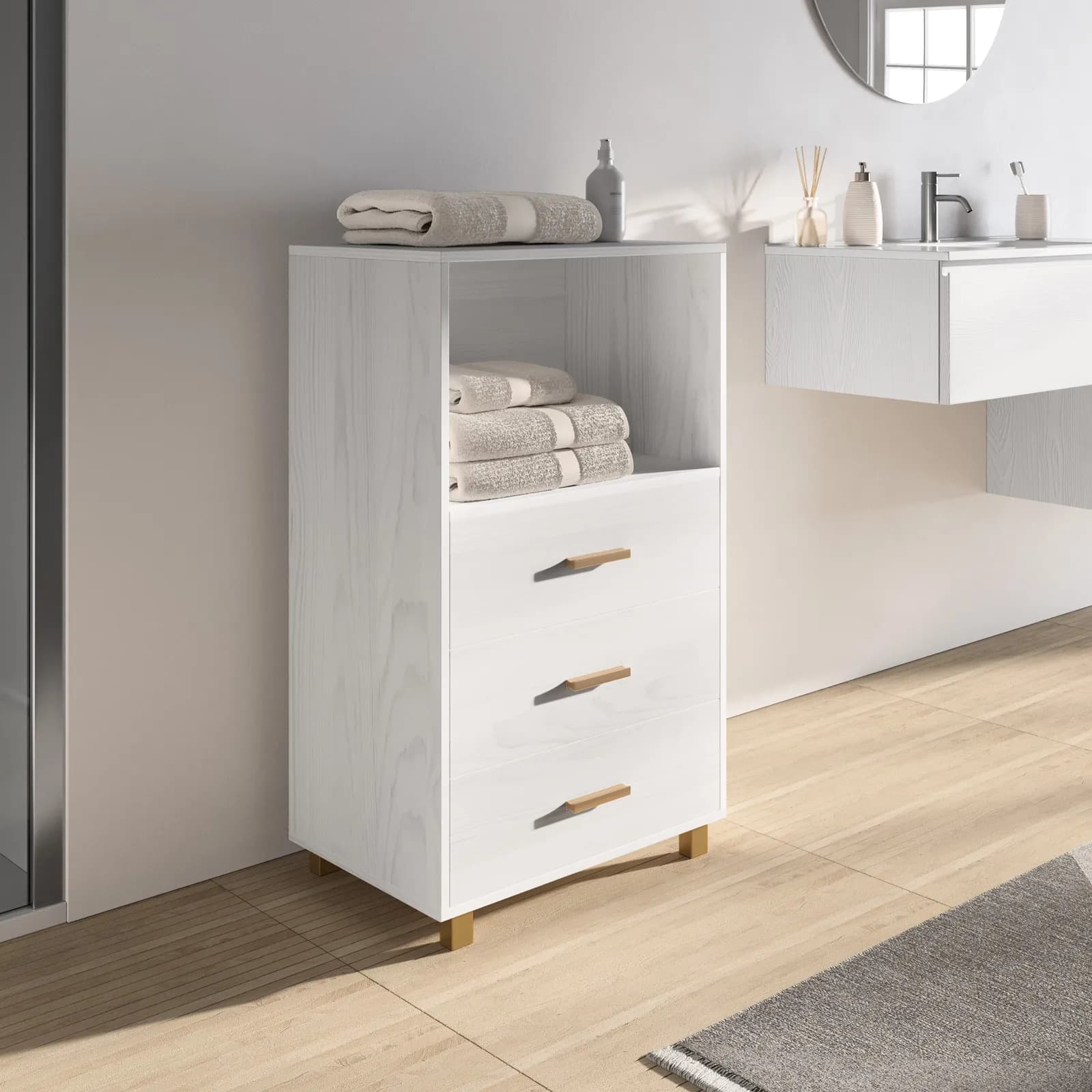 Cassettiera bagno 60x101 h cm con 3 cassetti e ripiano bianco effetto legno - Elvira
