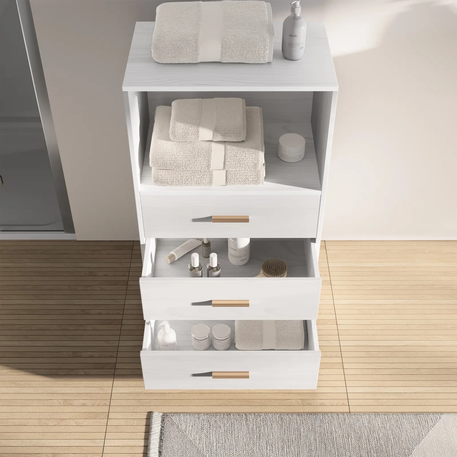 Cassettiera bagno 60x101 h cm con 3 cassetti e ripiano bianco effetto legno - Elvira