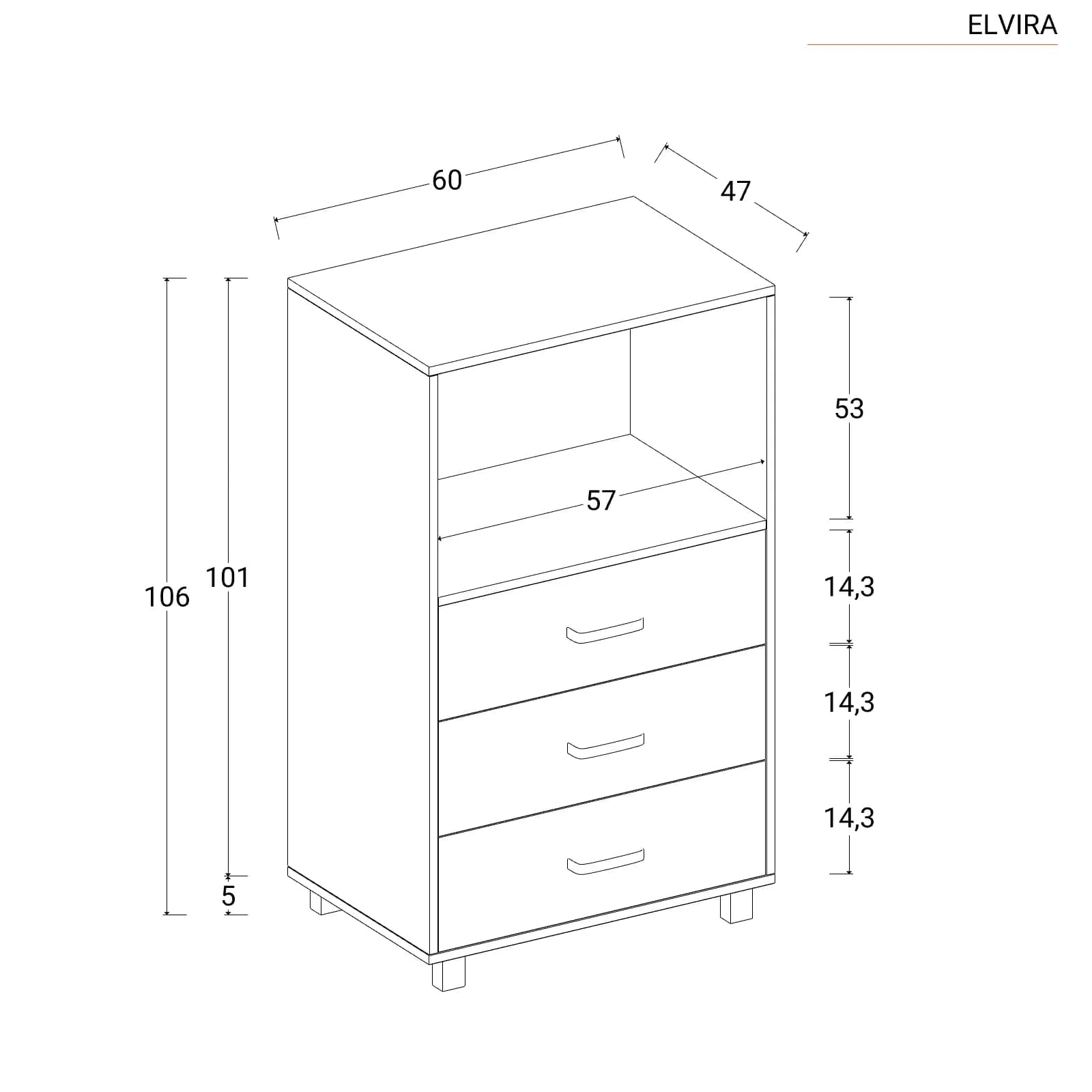 Cassettiera bagno 60x101 h cm con 3 cassetti e ripiano bianco effetto legno - Elvira