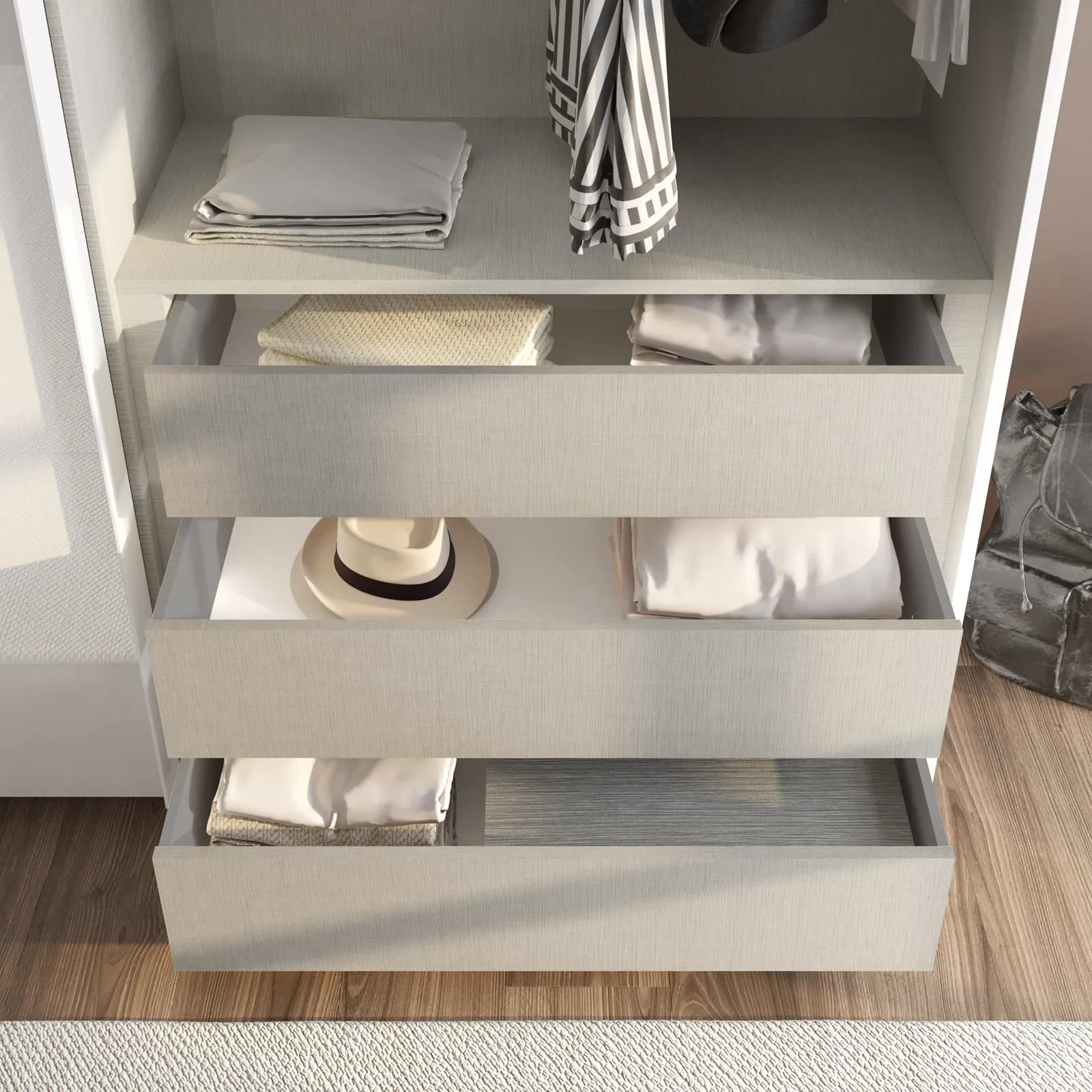 Cassettiera grigio effetto tessuto per armadio Alen da 150 cm