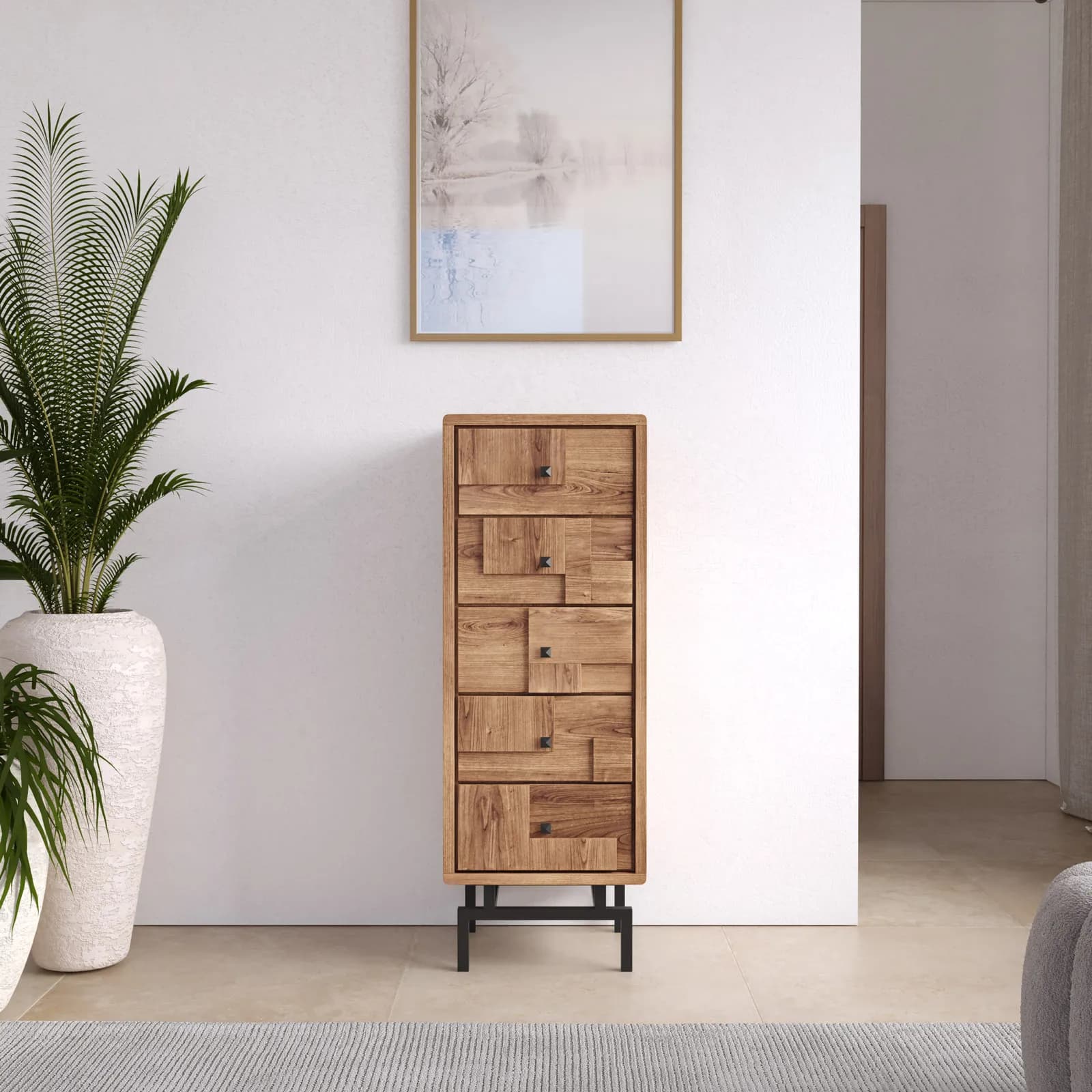 Cassettiere 45x120h cm in legno di acacia con 5 cassetti e piedi in metallo nero - Baktu