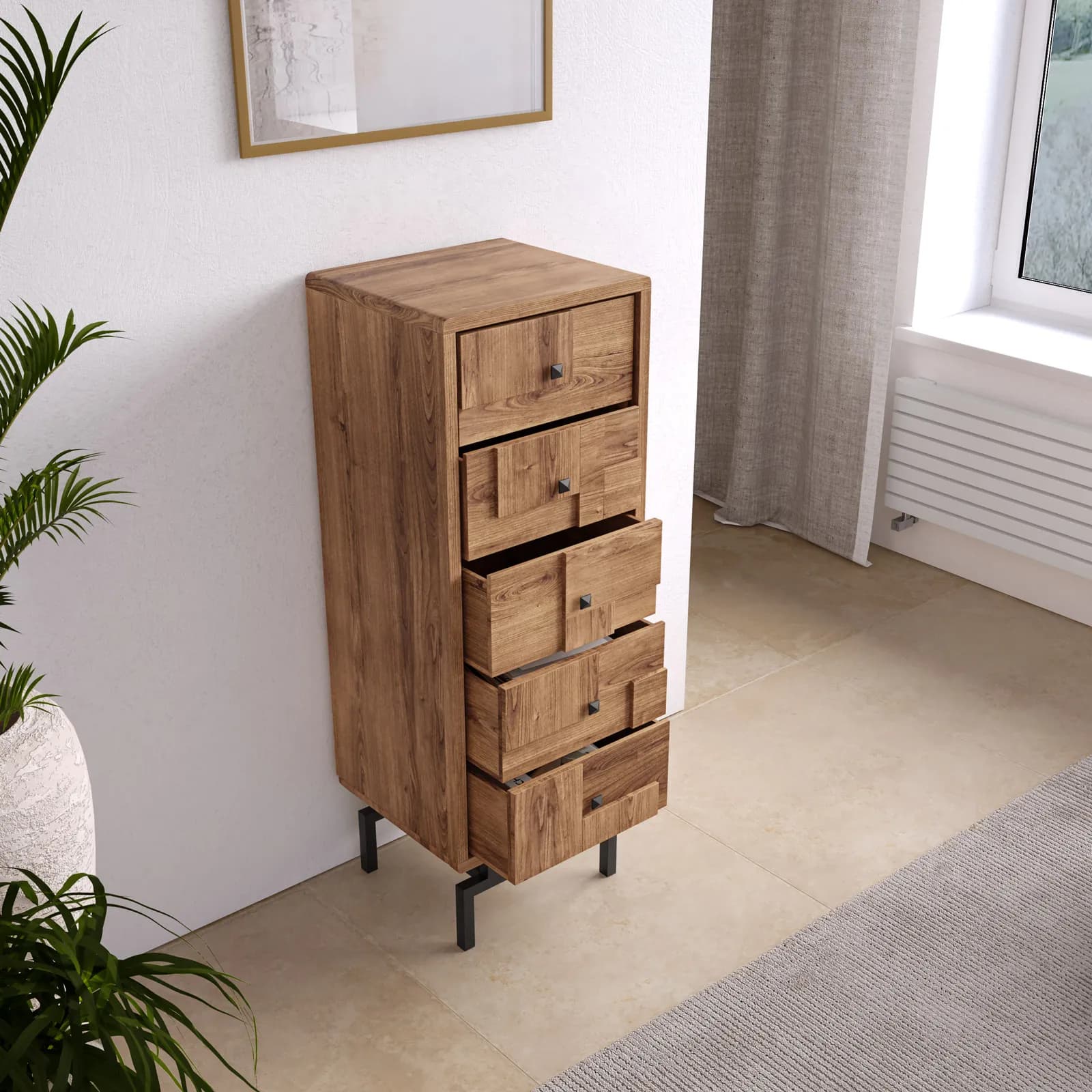 Cassettiere 45x120h cm in legno di acacia con 5 cassetti e piedi in metallo nero - Baktu