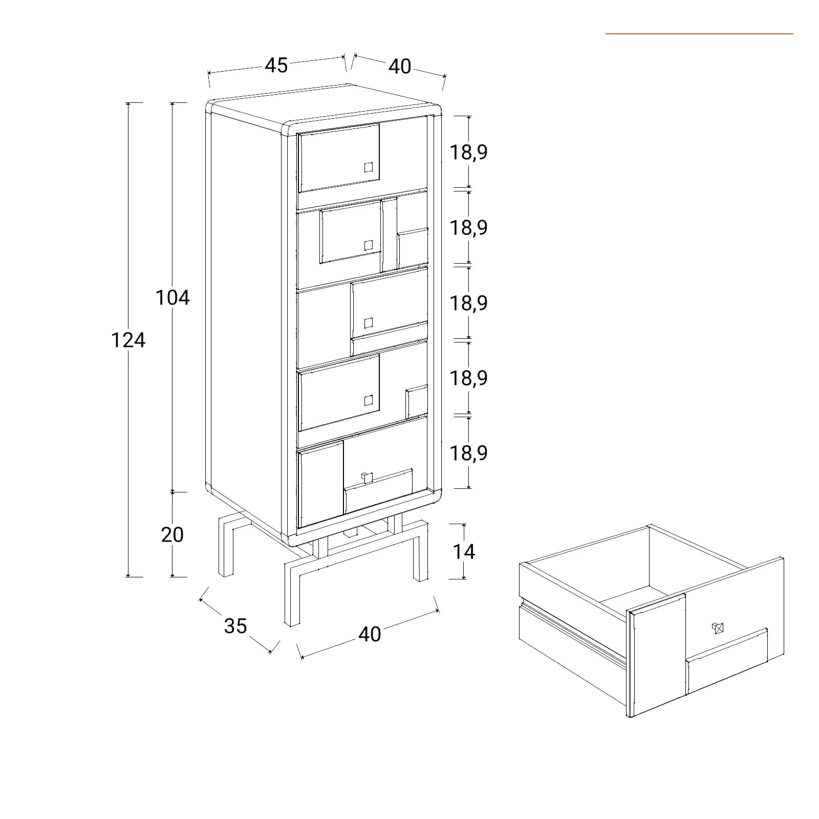 Cassettiere 45x120h cm in legno di acacia con 5 cassetti e piedi in metallo nero - Baktu