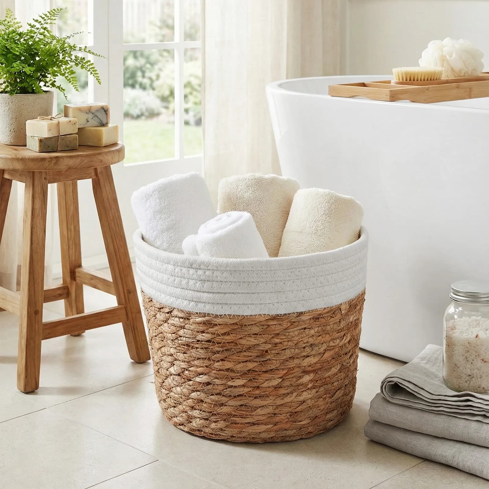 Cesto contenitore 25x18h cm in rattan e corda bianco