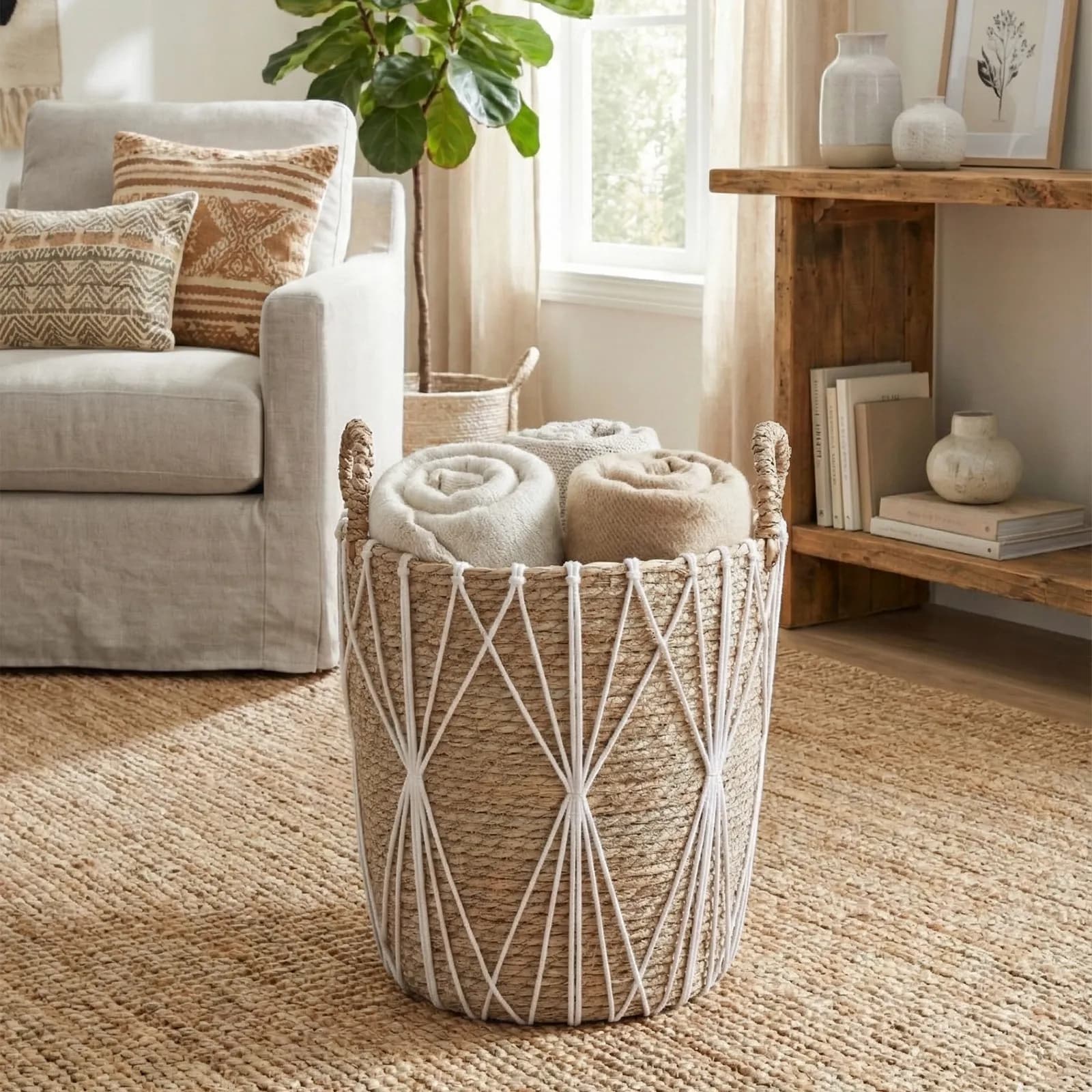Cesto contenitore 33x33h cm in rattan e corda bianco