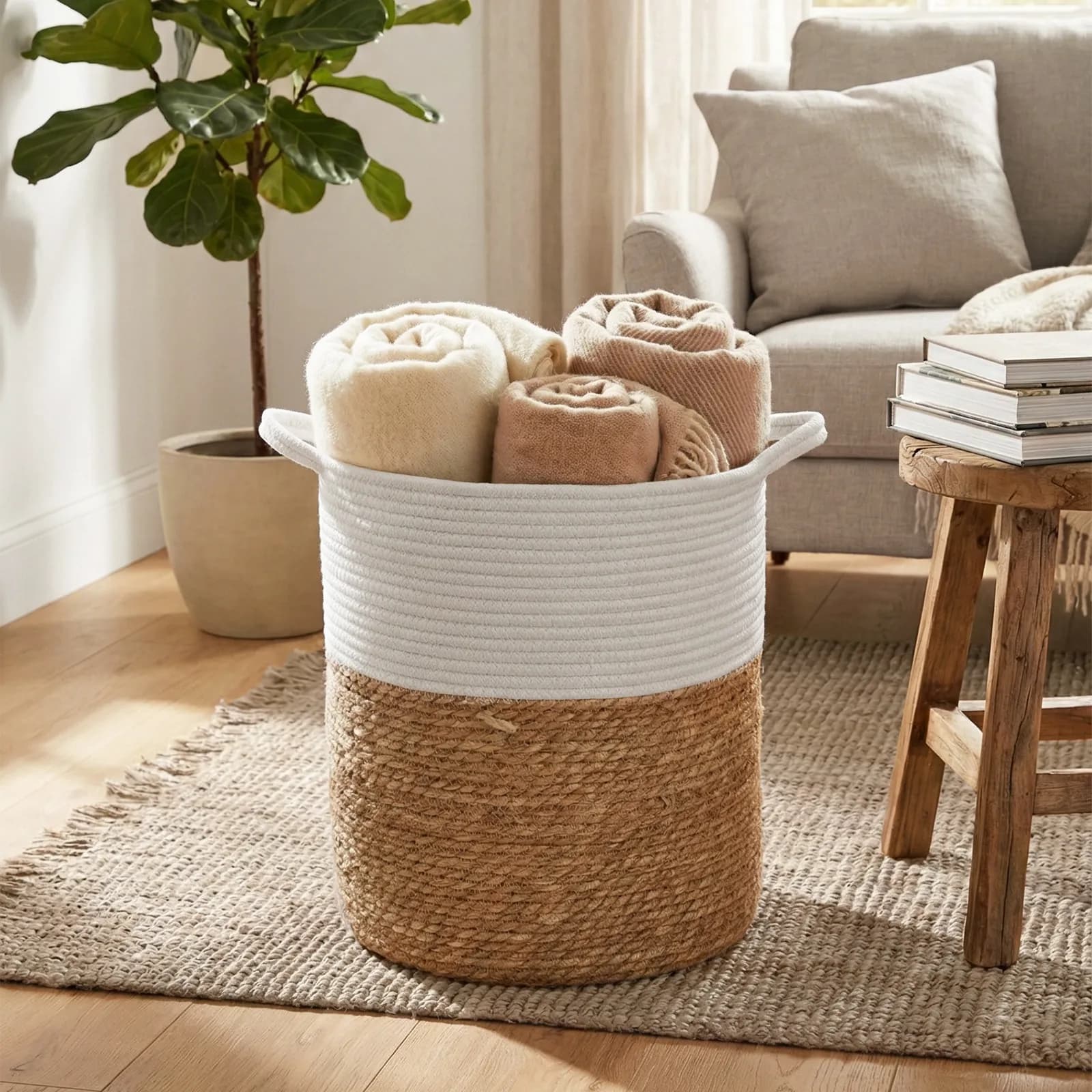 Cesto contenitore 33x40h cm in rattan e corda bianco