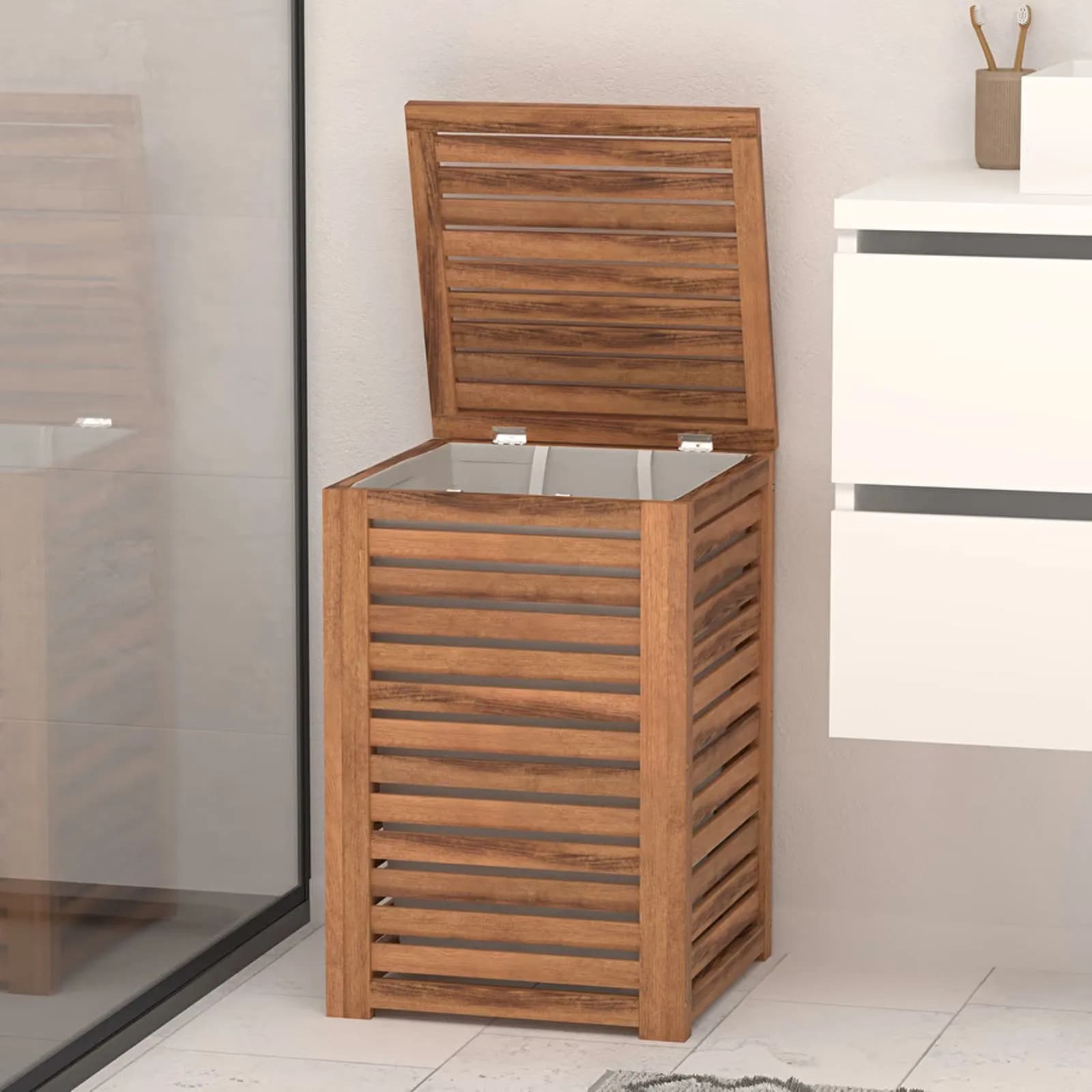 Cesto portabiancheria 65 L in legno di acacia naturale e cotone