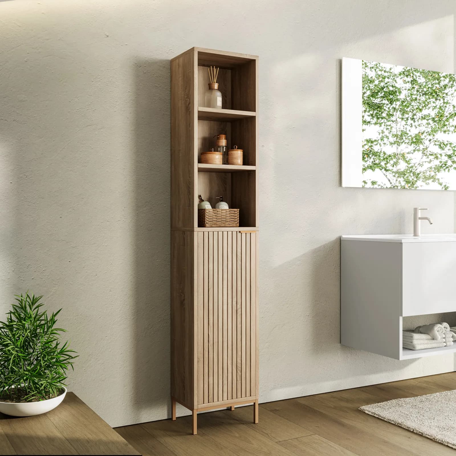 Colonna bagno 33x168h cm in legno naturale e cannettato con struttura in acciaio oro bronzato - Kloser