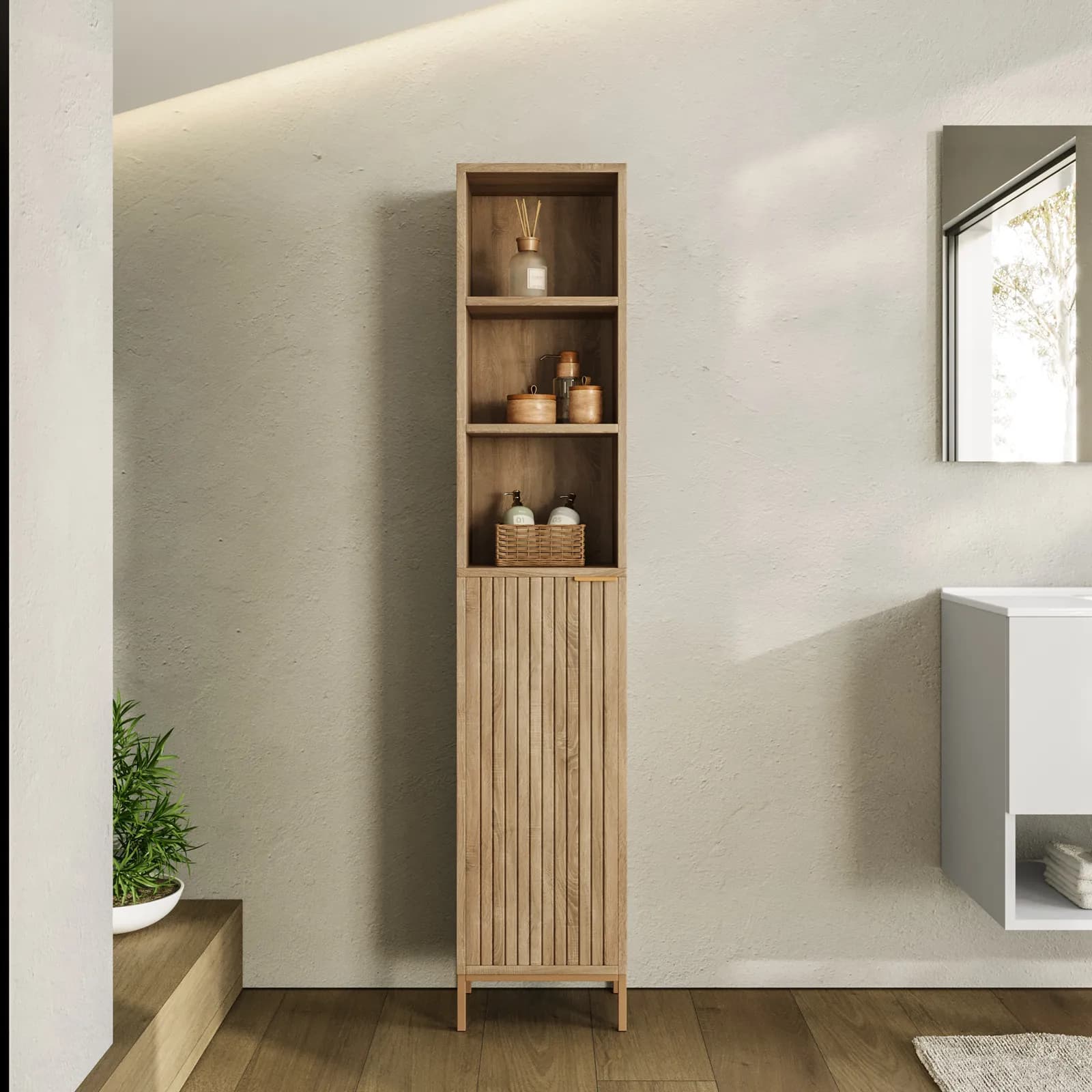 Colonna bagno 33x168h cm in legno naturale e cannettato con struttura in acciaio oro bronzato - Kloser