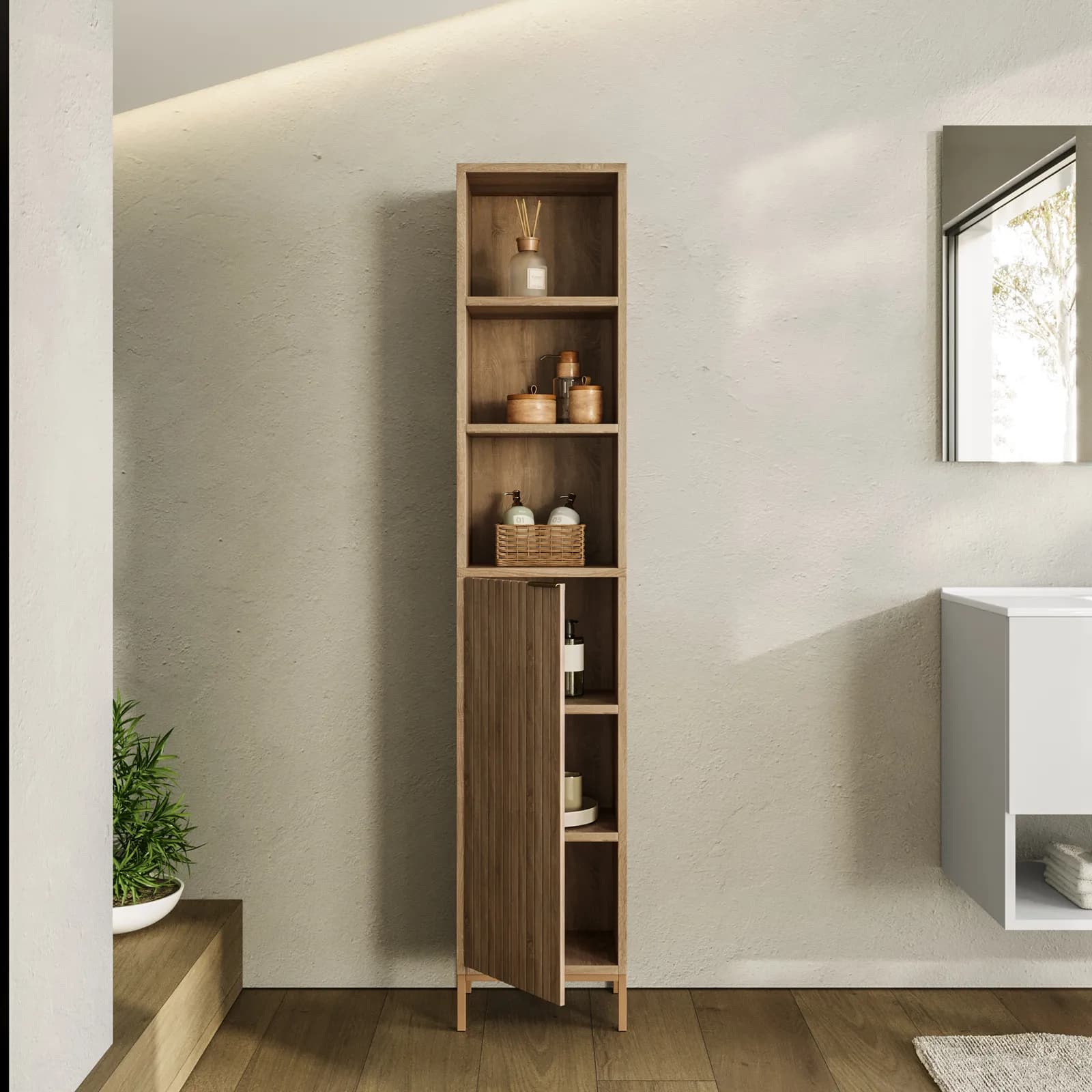 Colonna bagno 33x168h cm in legno naturale e cannettato con struttura in acciaio oro bronzato - Kloser