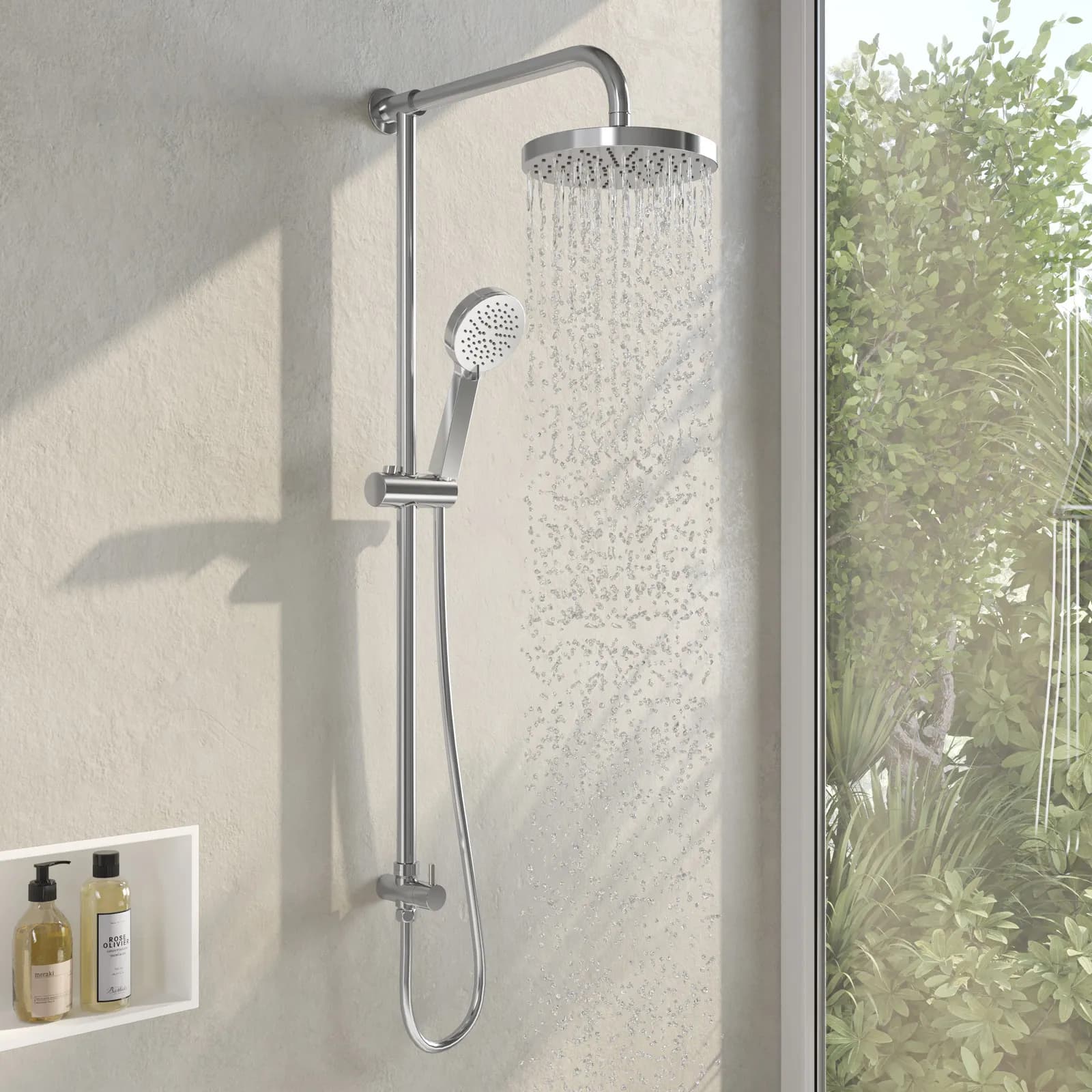 Colonna doccia Kris con presa acqua a muro soffione e doccino acciaio inox cromato