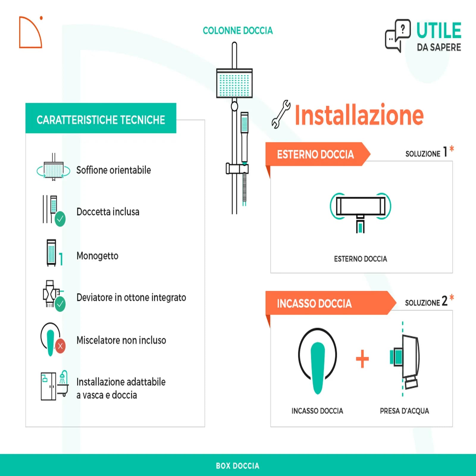 Colonna doccia a ponte in acciaio con soffione minimal cm 23 x 15 design - Montana