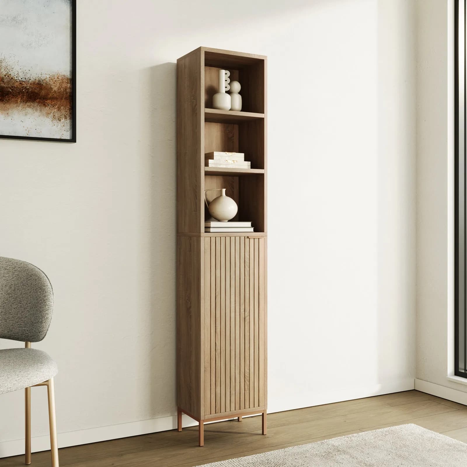 Colonna multiuso 33x168h cm rovere cannettato con 1 anta e struttura in acciaio oro bronzato - Kloser