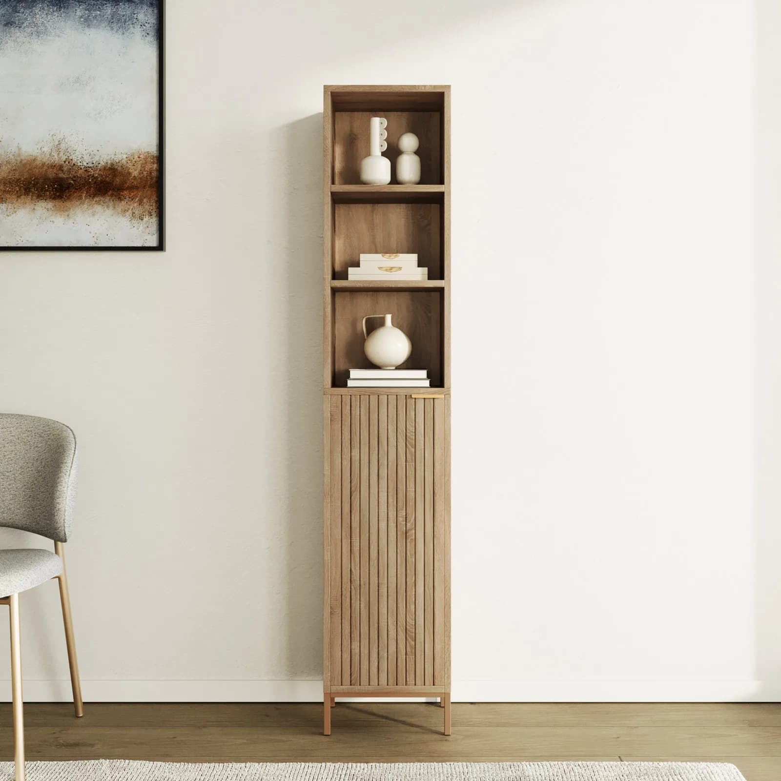 Colonna multiuso 33x168h cm rovere cannettato con 1 anta e struttura in acciaio oro bronzato - Kloser