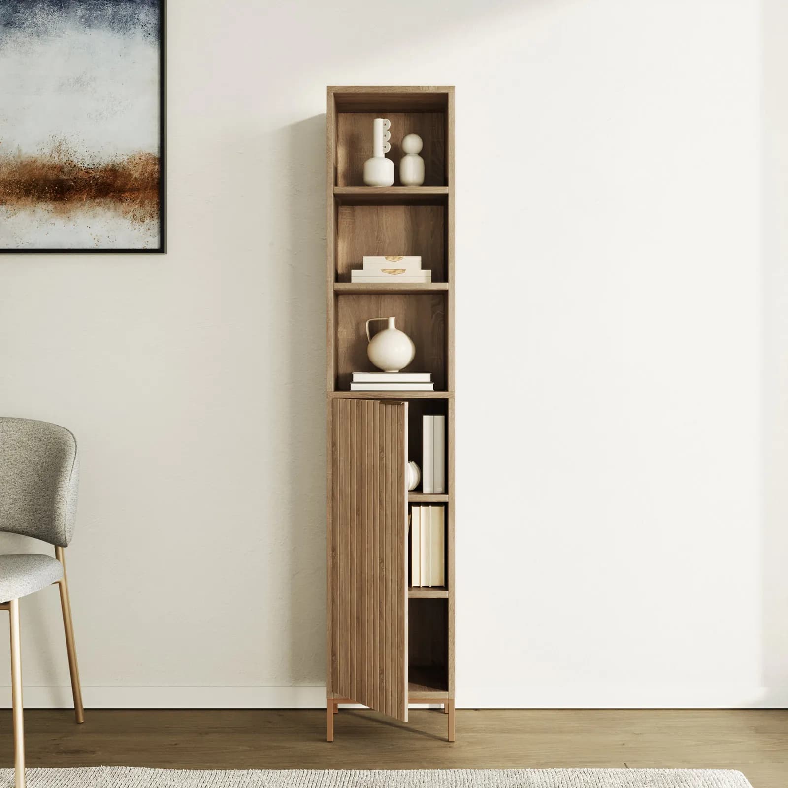 Colonna multiuso 33x168h cm rovere cannettato con 1 anta e struttura in acciaio oro bronzato - Kloser