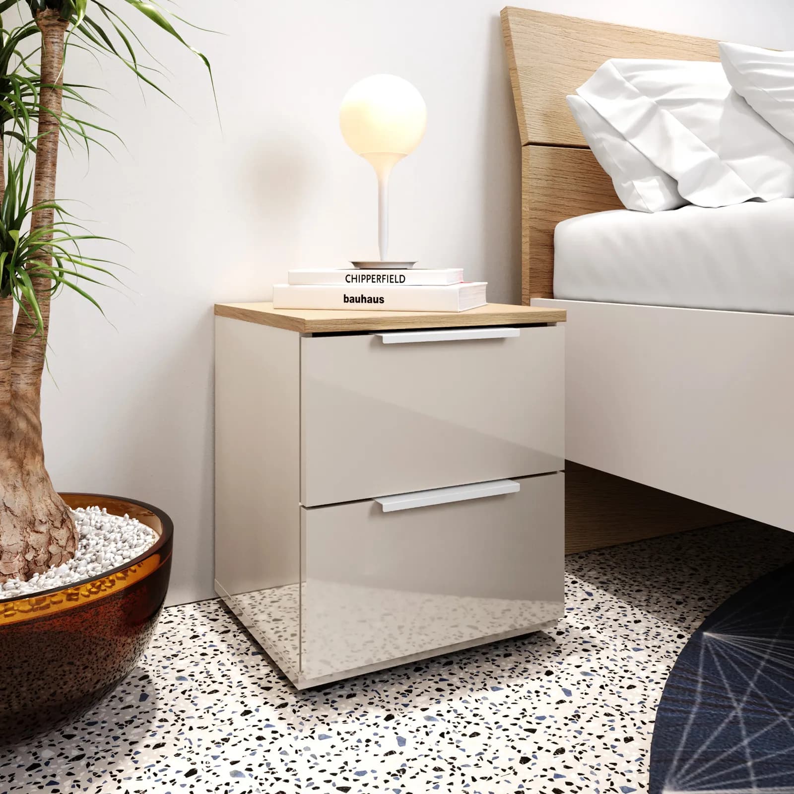 Comodino 37x44h cm top rovere baysen con 2 cassetti cashmere lucido - Mikam