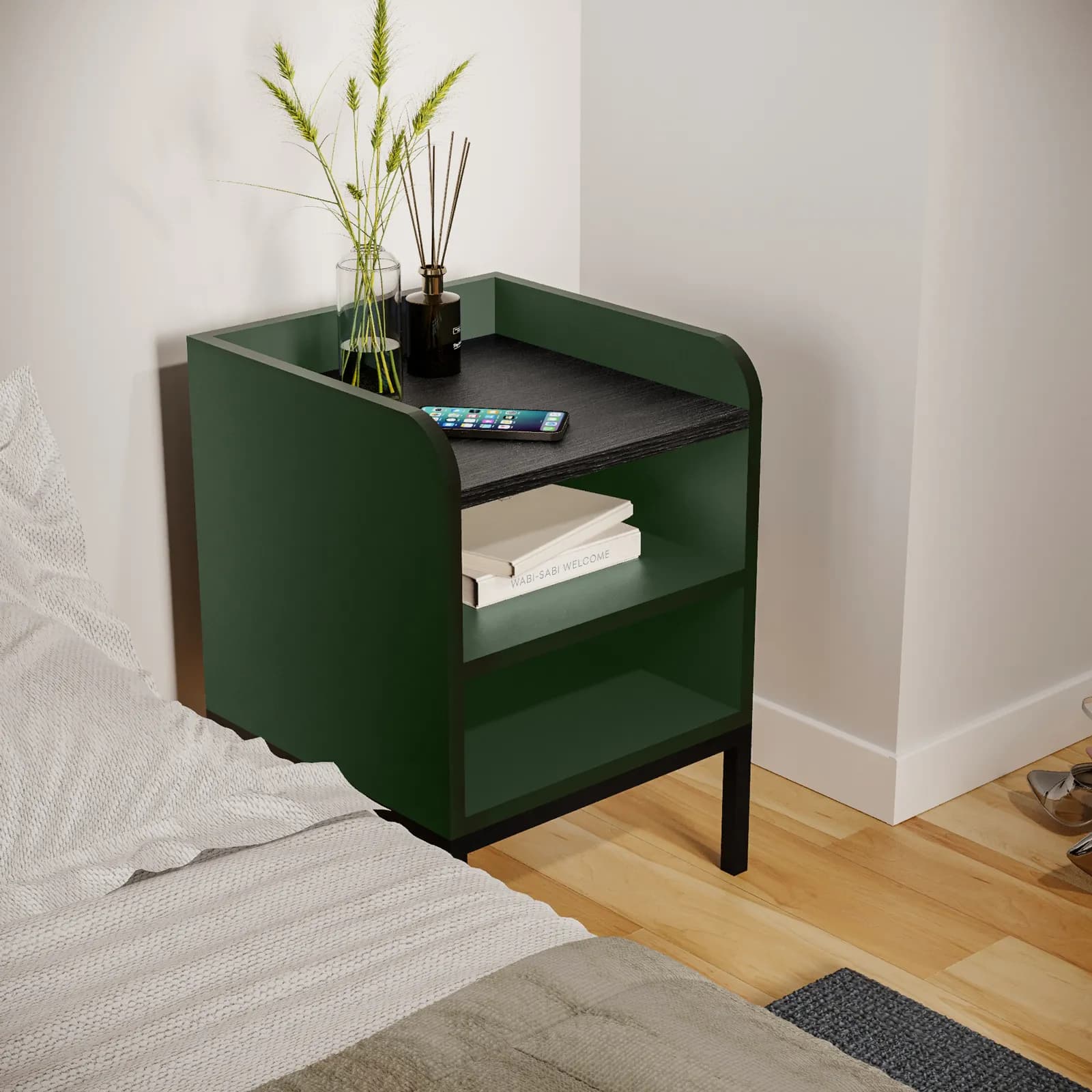 Comodino 40x55h cm verde con 2 vani a giorno e gambe in metallo nero - Jewel